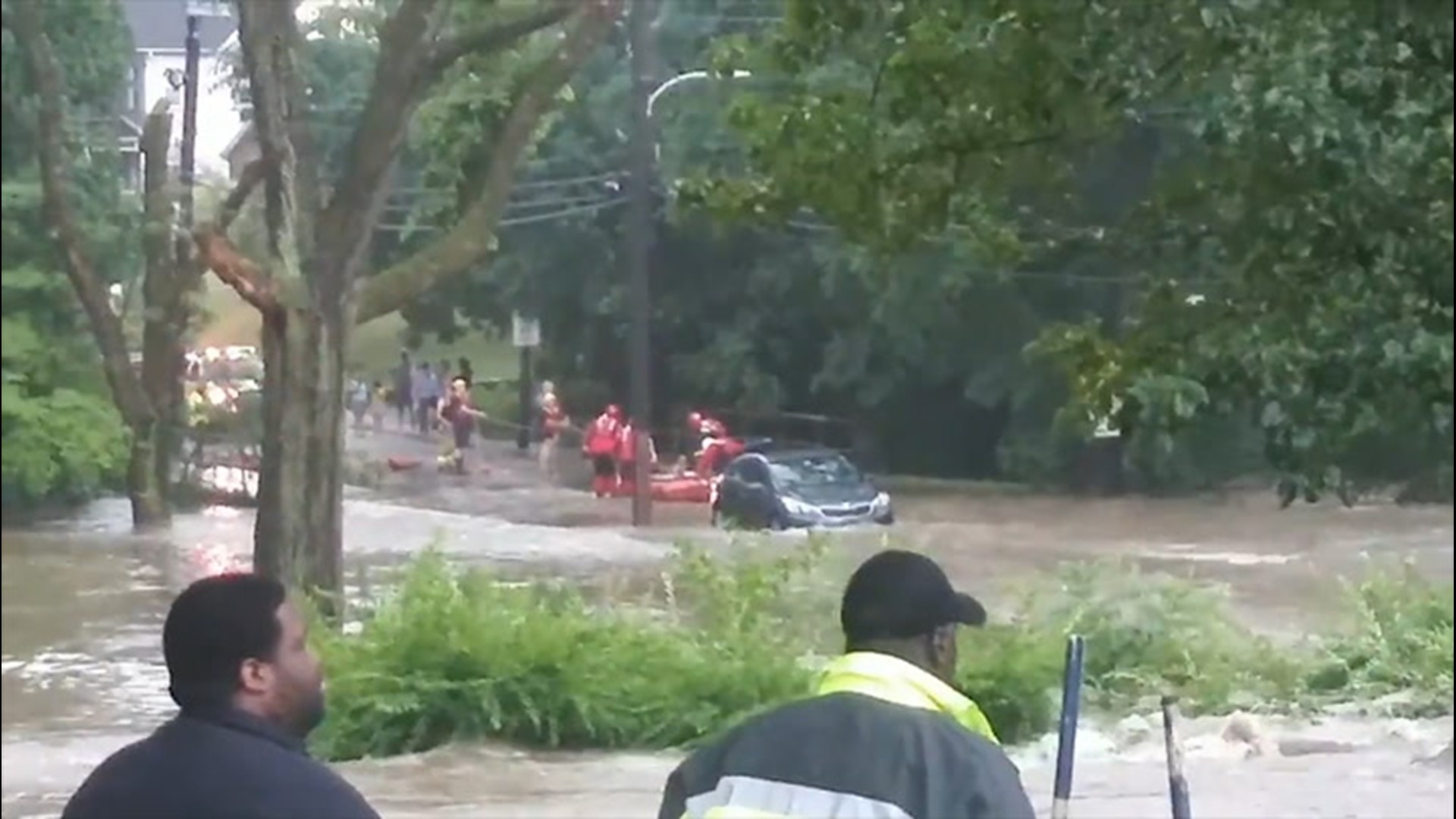 Tacony Creek in Philadelphia, Pennsylvania, rose six feet according to officials in just an hour and a half, as rain poured down on July 6.