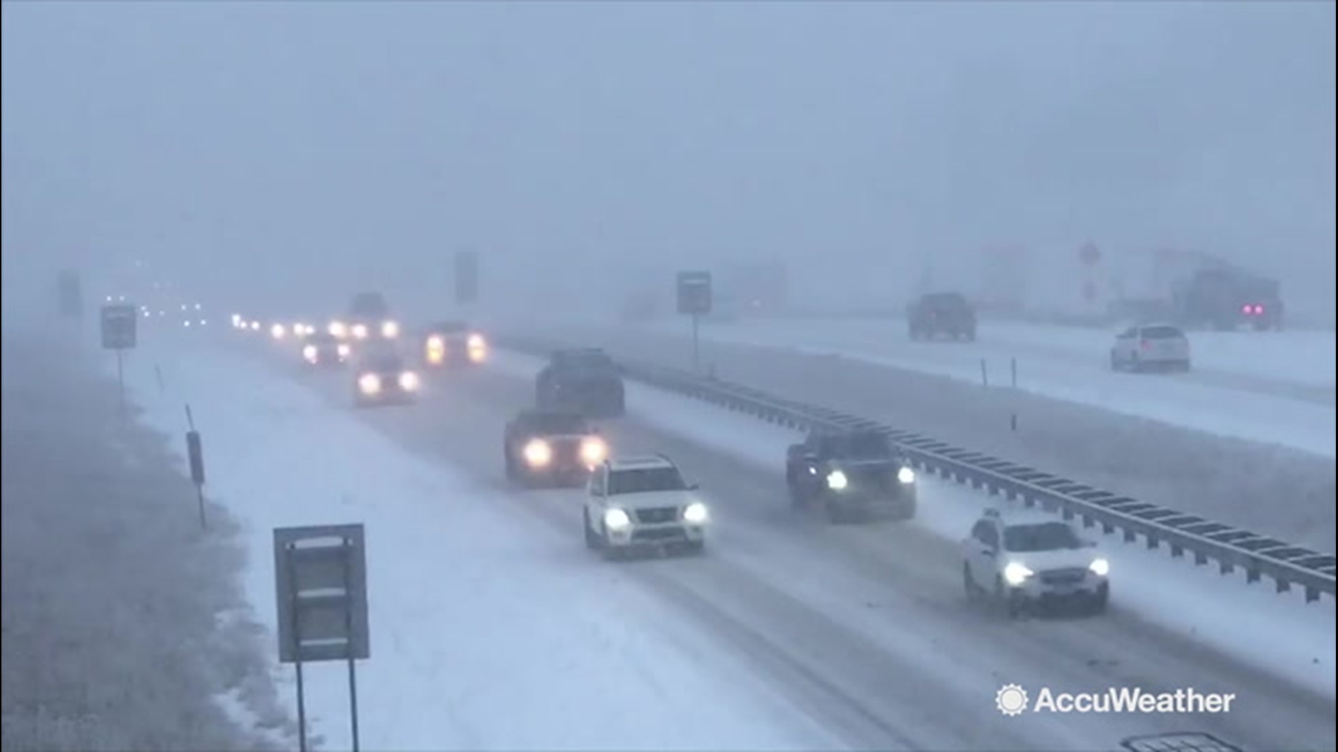 AccuWeather's Reed Timmer reports from I-70, west of Denver, Colorado, showing heavy snow dropping on slow-driving traffic.