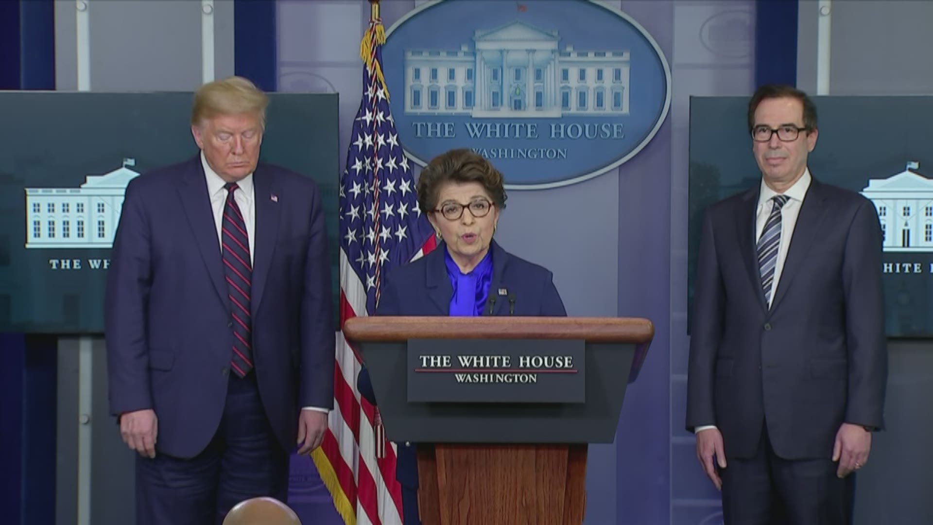 Jovita Carranza, administrator of the Small Business Administration, announced federal relief to help keep employees paid Thursday at the White House.