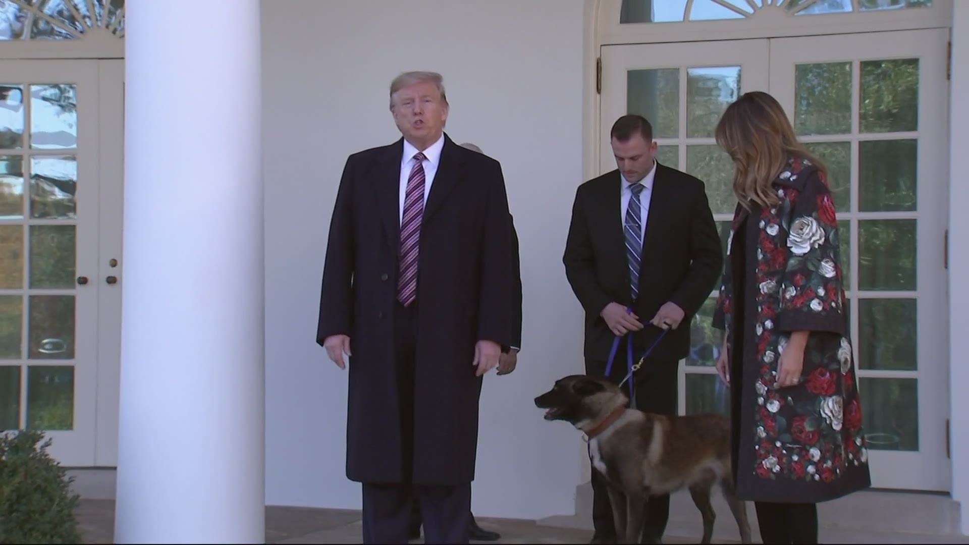 The military dog that participated in the operation that ended with the death of Islamic State leader Abu Bakr al-Baghdadi was welcomed to the White House Monday.
