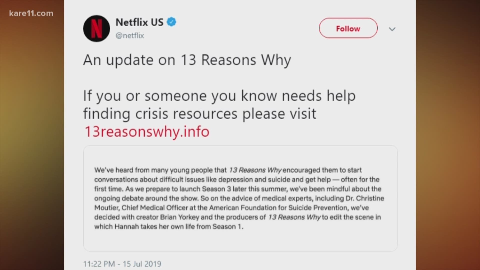 Netflix announced that more than two years after '13 Reasons Why' debuted, they're editing a controversial scene where the main character takes her own life.