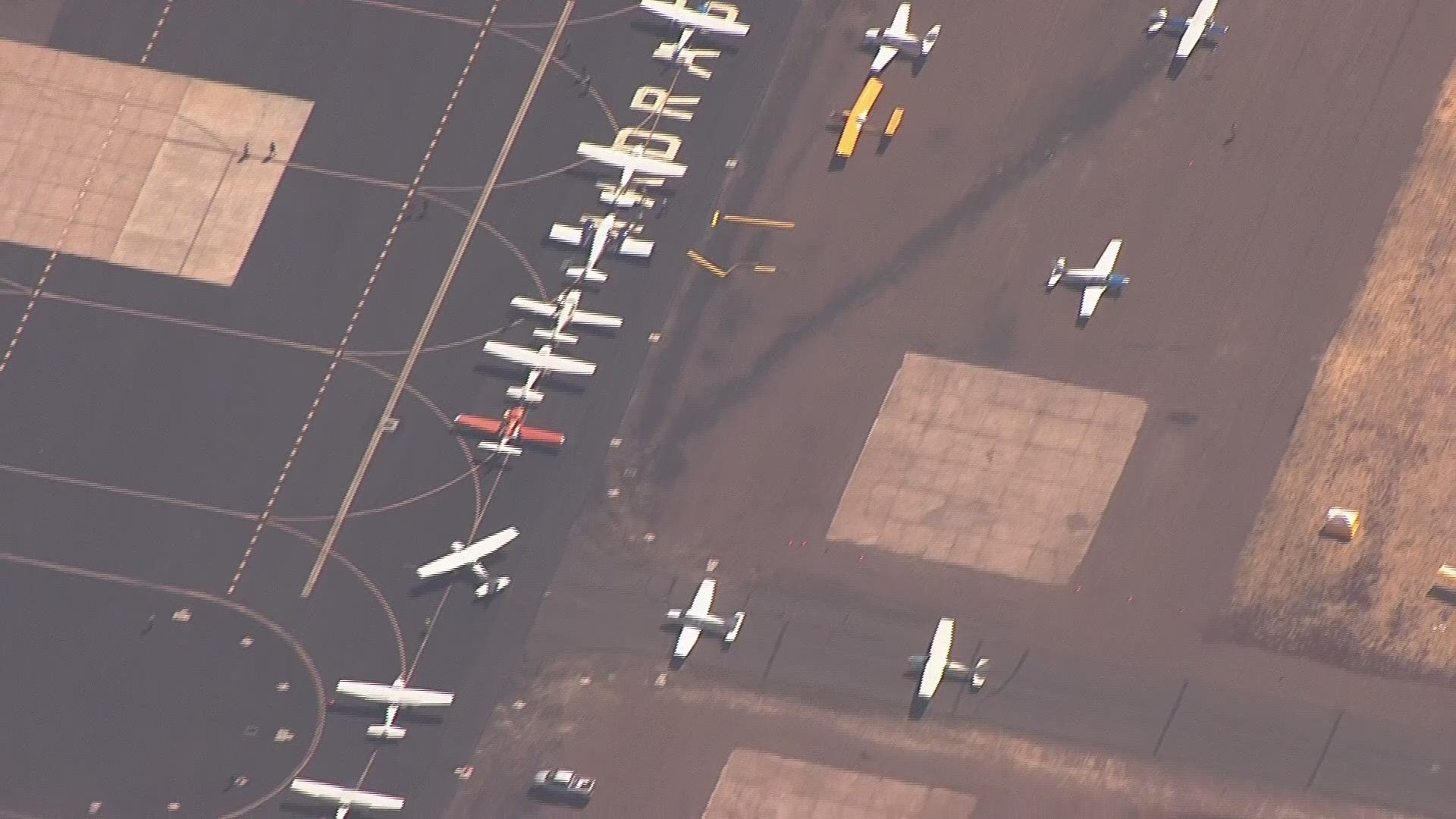 Long line of planes waiting to leave Madras, Oregon after the total solar eclipse on Aug. 21, 2017