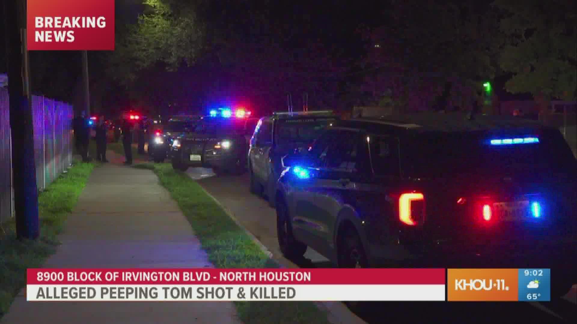 A man accused of being a "peeping Tom" was shot and killed outside a woman's home in north Houston, according to Houston police.