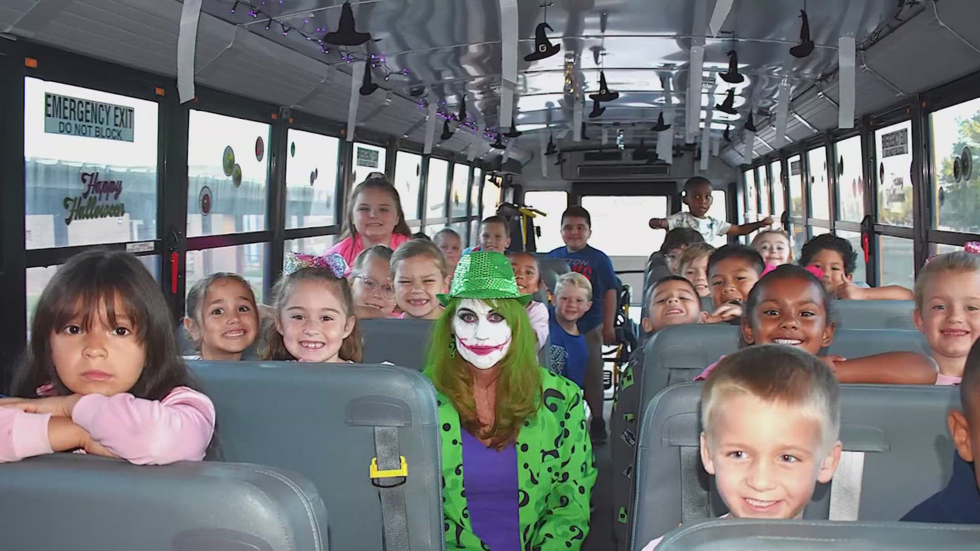 Joyce Janda loves to go the extra mile for her kids by decorating her bus and dressing in different costumes.