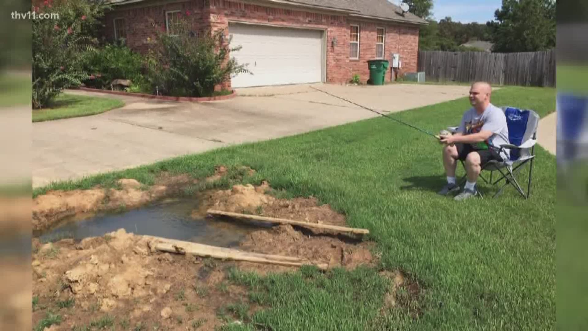 A Cabot man is fed up with a big hole that was dug into his yard several weeks ago. To make light of the situation, he turned to Facebook with photoshopped pictures.