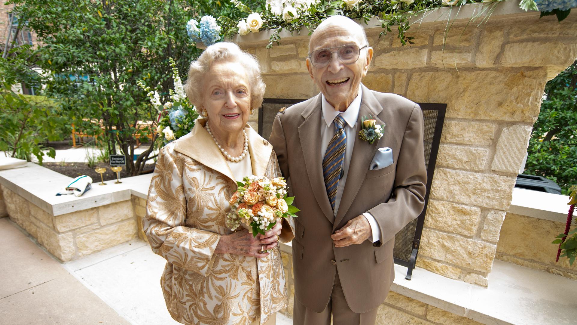 Surrounded by friends and family, the couple married Friday in the courtyard of the retirement community where they met.