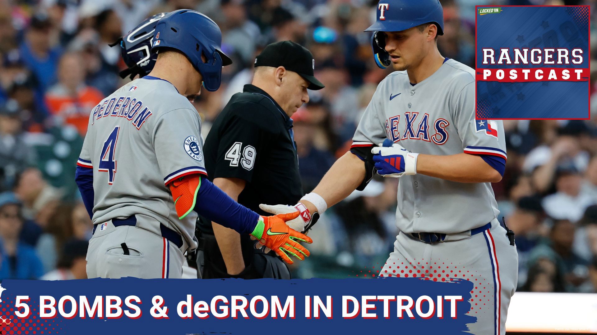 The Rangers belted 5 HR's, with 10 K's for Jacob deGrom in a 10-3 rout over the Tigers. Corey Seager launched a pair, with the first of the season for Joc Pederson.