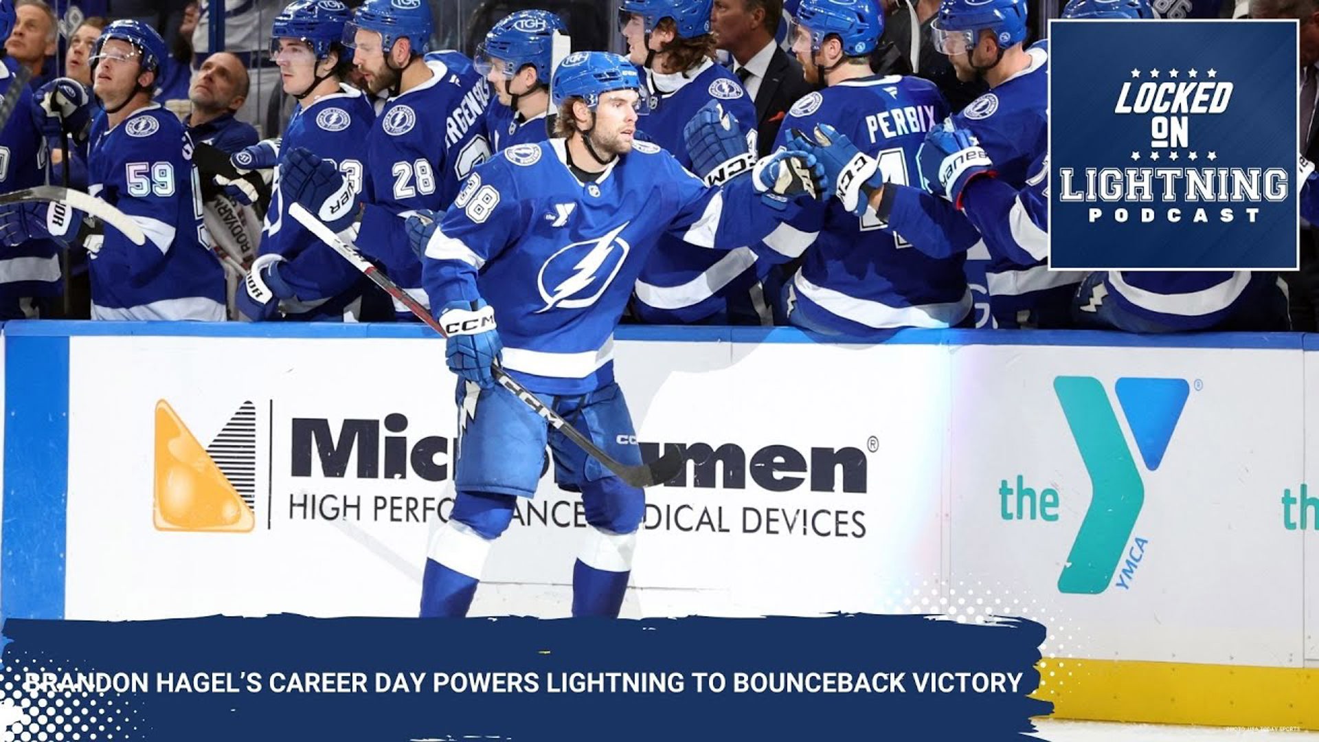 Brandon Hagel tied a franchise record with five assists, including an NHl-record-tying four in the opening period to help the Bolts to an 8-2 victory.