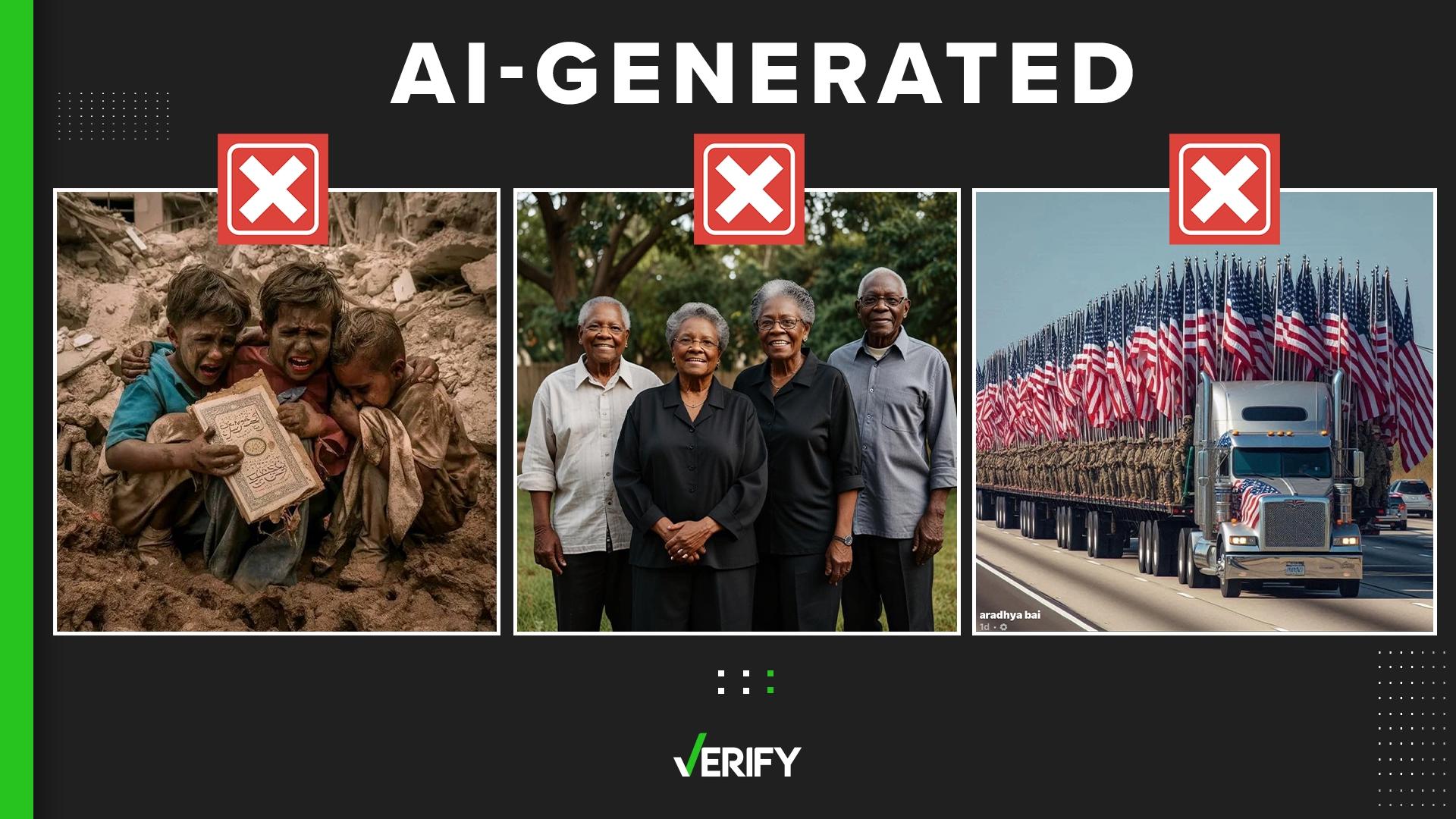 Striking AI-generated images of service members, quadruplets or children in rubble are often shared on Facebook, and they could be used as part of a scam tactic.