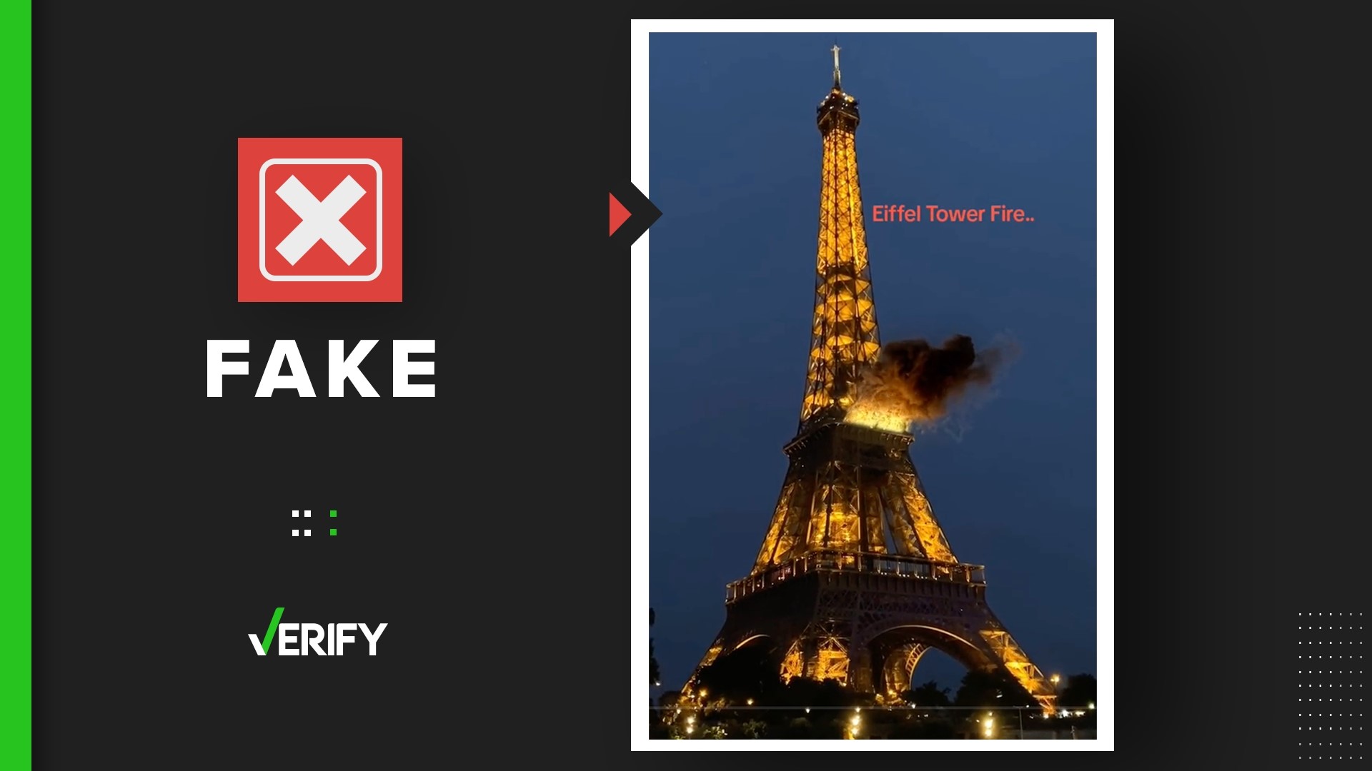 A viral TikTok video has spawned rumors that the Eiffel Tower in Paris, France, caught fire, but that’s not true. The flames in that video were made with CGI.