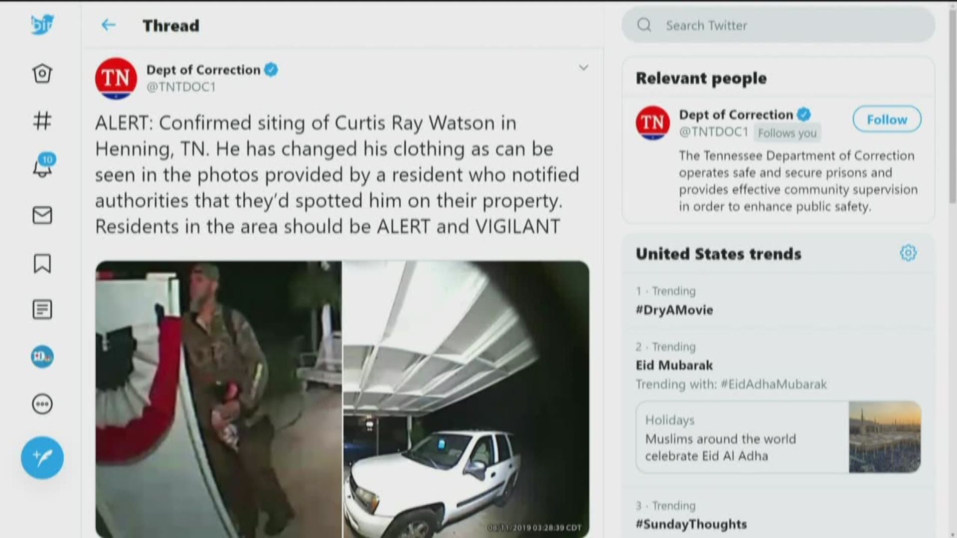 The Tennessee Department of Correction says there has been a confirmed sighting of escaped inmate Curtis Watson in Henning.