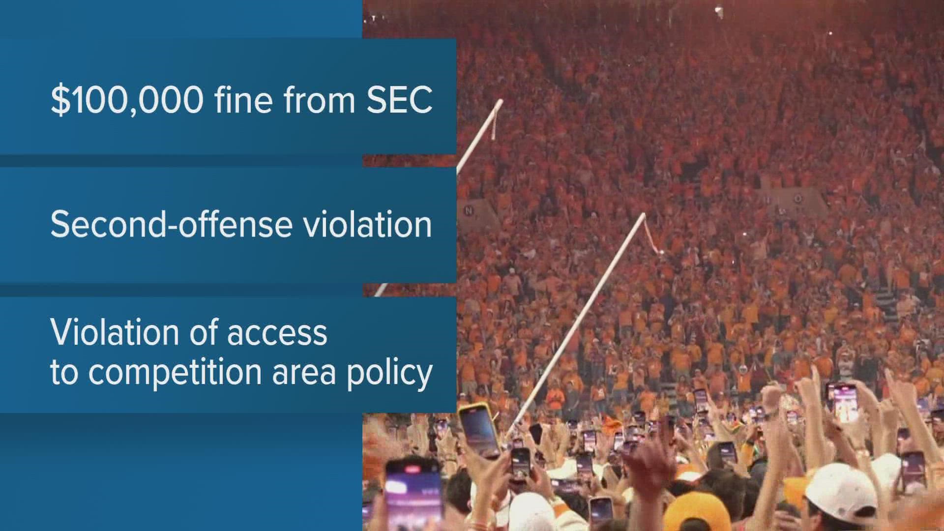 UT will have to pay a $100, 000 fine from the SEC. The conference said it was because fans stormed the field after the game.
