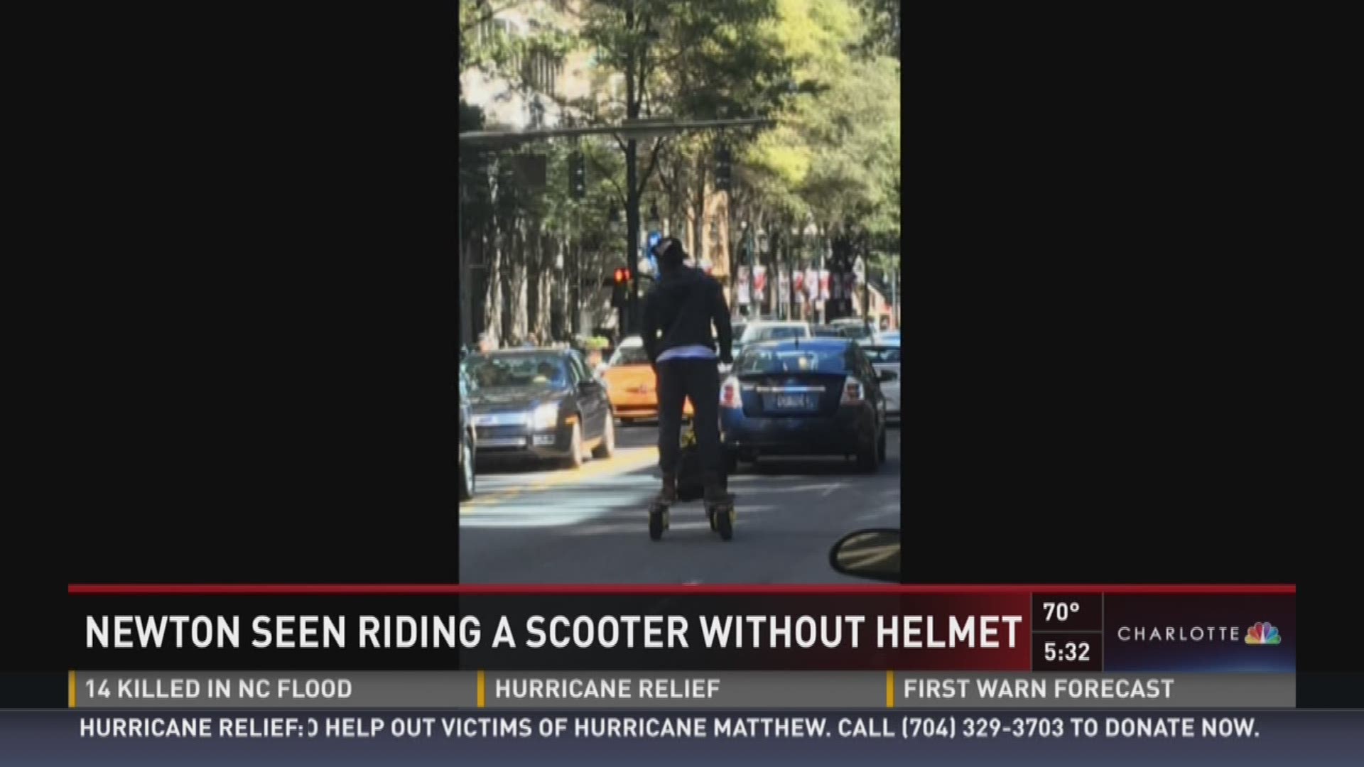 Newton was seen riding a scooter without a helmet even though he is currently sitting out with a concussion. 