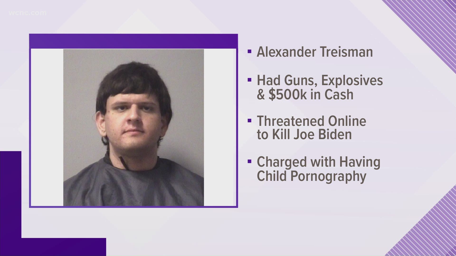 Alexander Treisman was arrested in Kannapolis with guns, explosives and $500k in cash.