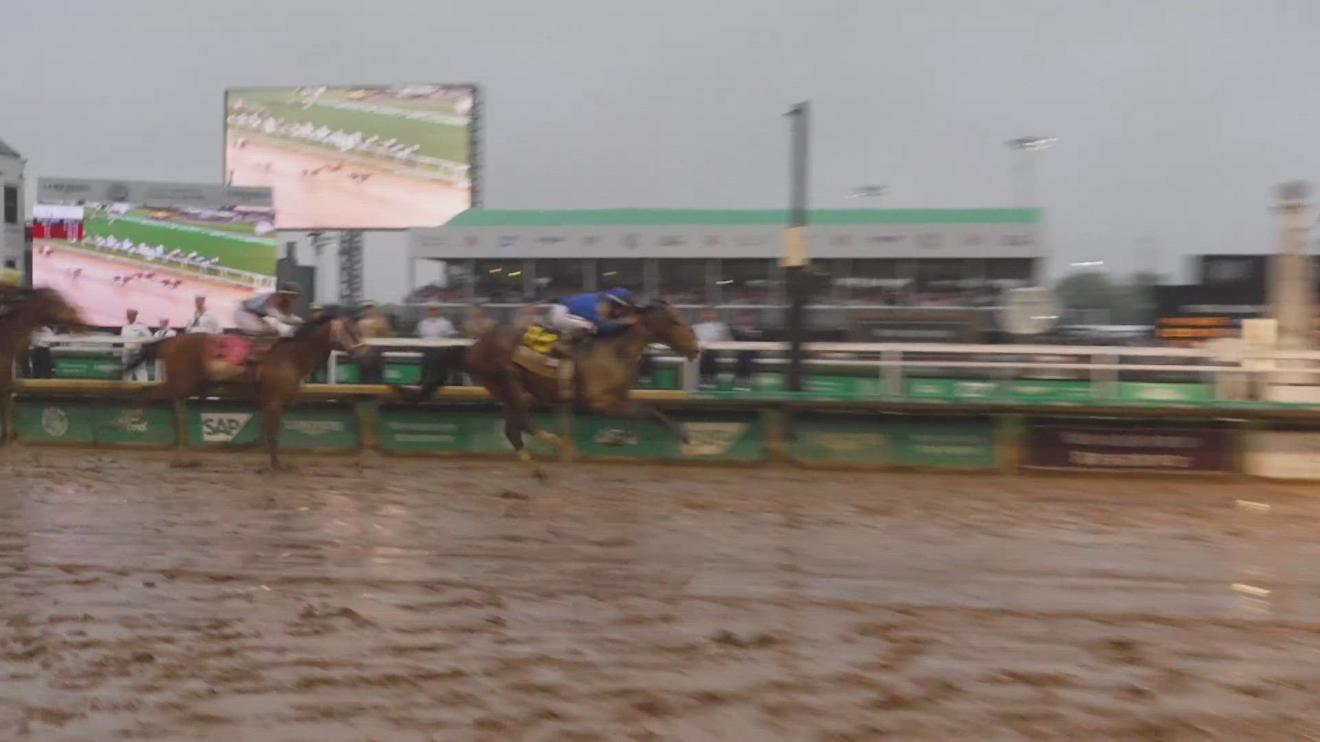 It was a sloppy track due to rainy conditions but that didn't stop Sovereignty from besting the morning-line favorite Journalism to capture the Garland of Roses.