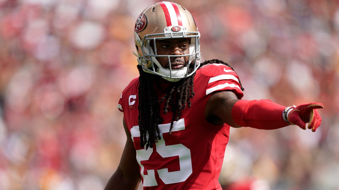 San Francisco 49ers cornerback Richard Sherman (25) fires up the