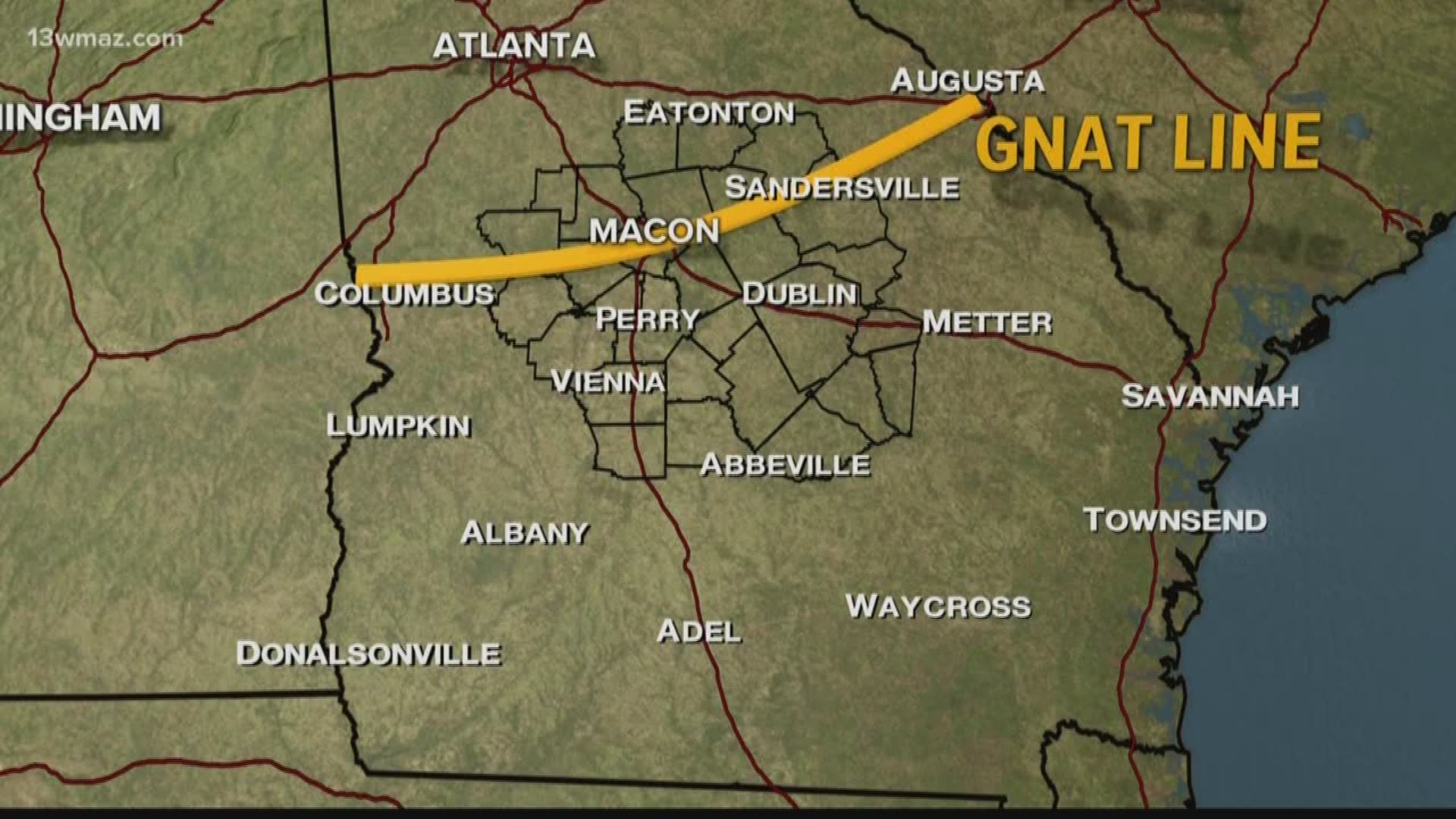 The Georgia Gnat Line is an unofficial dividing line between where these gnats are more and less numerous. It generally runs from Columbus, to Macon, to Augusta. If you find yourself south of the gnat line, you are in prime gnat territory.