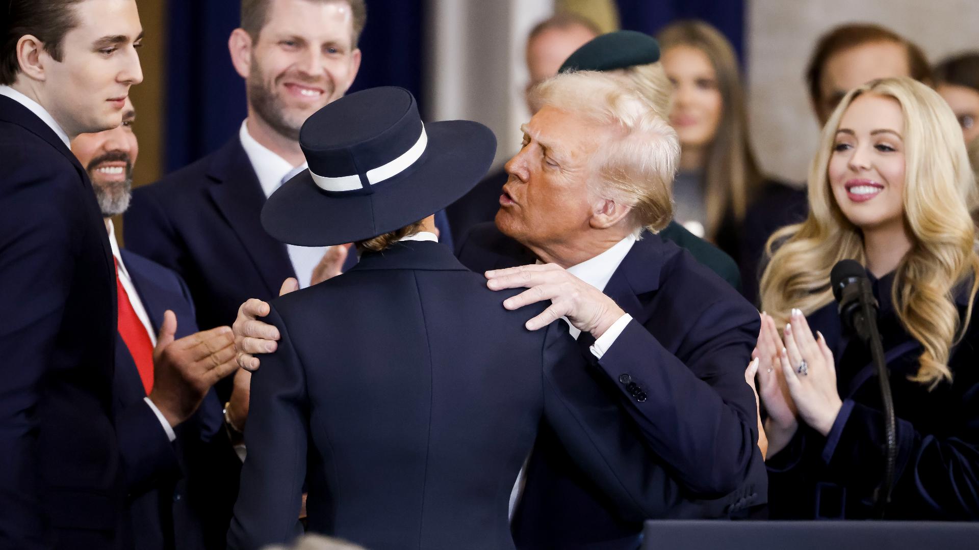 President-elect Donald Trump shared an air kiss with his wife, Melania, during the swearing-in ceremony on Jan. 20, 2025.