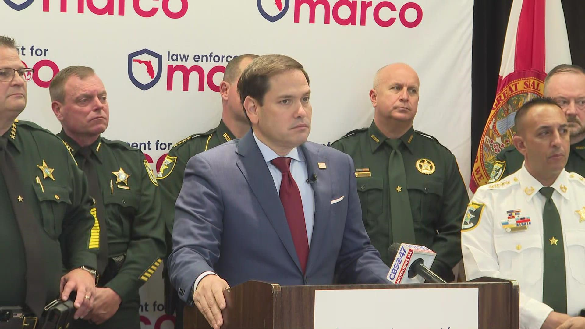 A group of sheriffs from across Florida endorsed Rubio's reelection bid, saying his opponent, U.S. Rep. Val Demings (D-Florida), is soft on crime.