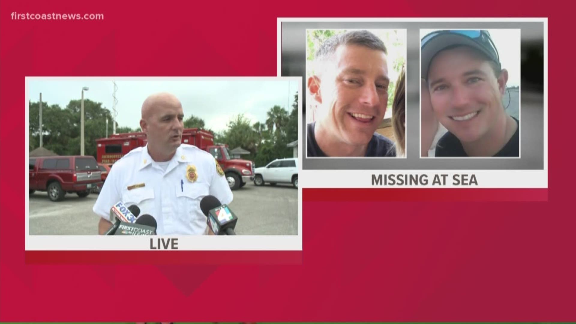 The Jacksonville Fire and Rescue Department said search efforts for two missing firefighters will focus on an area 50 miles off the shore of St. Augustine where a tackle bag belonging to one of the firefighters was found.