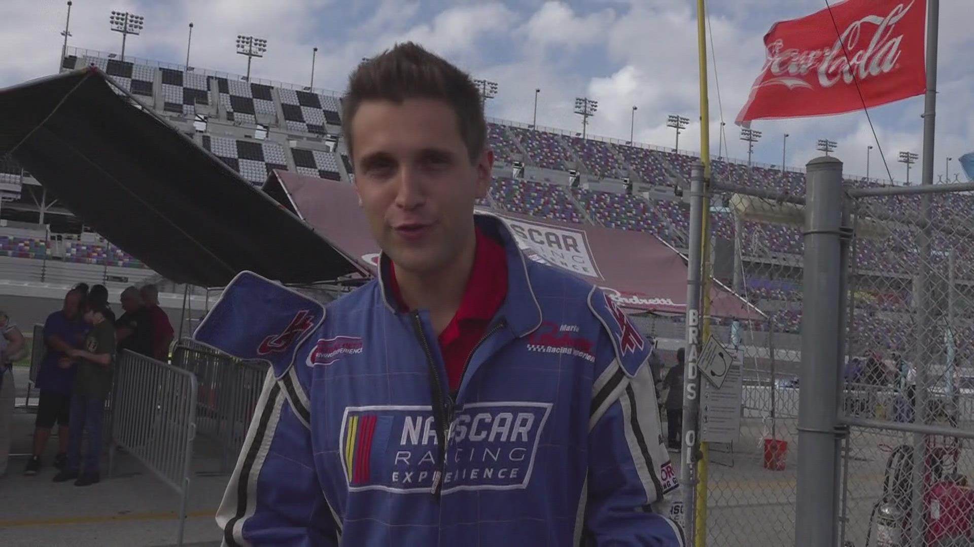 The experience allows fans to drive a stock car at Daytona International Speedway. Drivers are paired up with a spotter who will guide them through each lap.