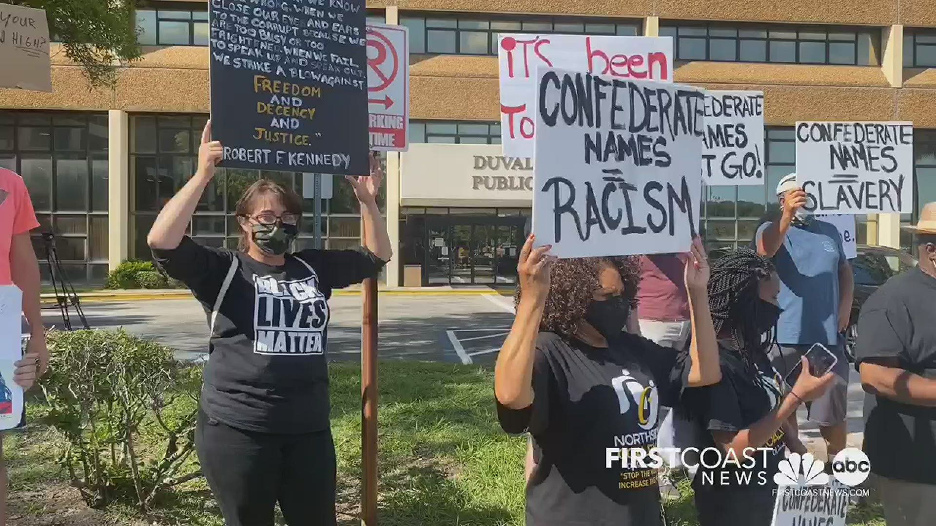 The Northside Coalition hosted a protest outside the Duval County School Board's meeting Tuesday evening calling for all Confederate-named schools to be renamed.