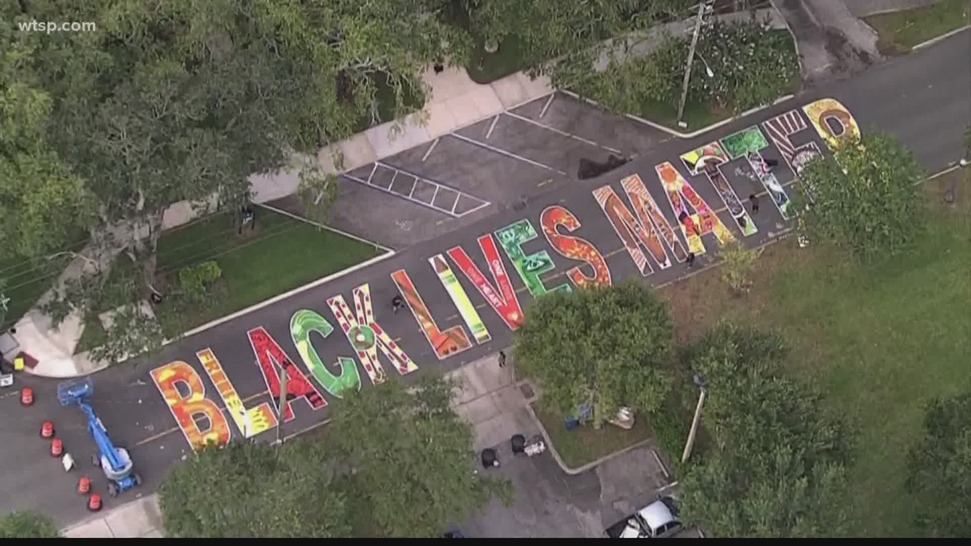 The city, well known for its colorful murals, displayed 16 letters drawn by 16 artists spelling out the words Black Lives Matter.