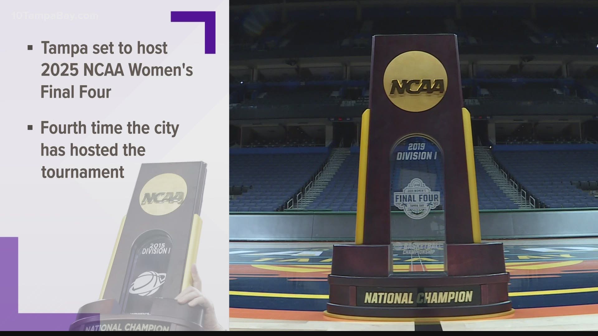 The NCAA Division I Women’s Basketball Committee says the NCAA Women’s Final Four will be at Amalie Arena in 2025.