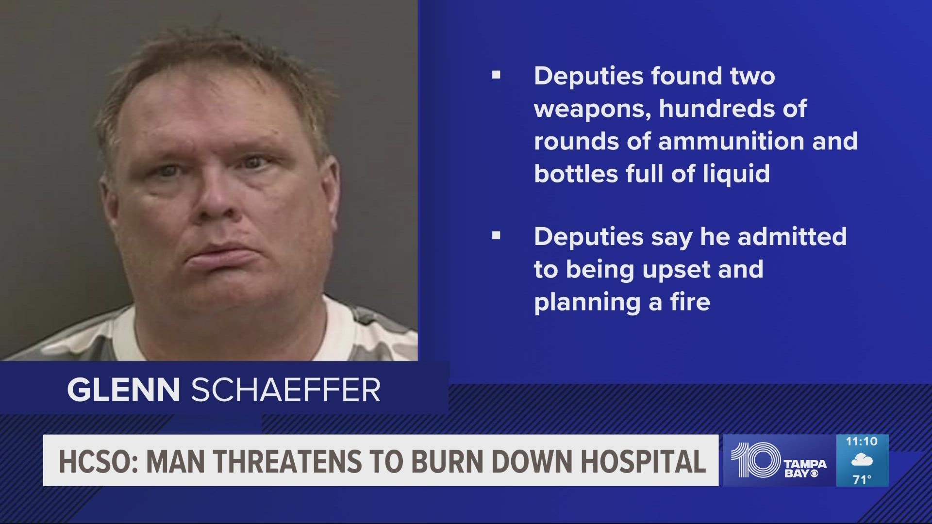 The sheriff's office said Glenn Schaeffer admitted to planning on igniting a liquid at St. Joseph's Hospital-South.