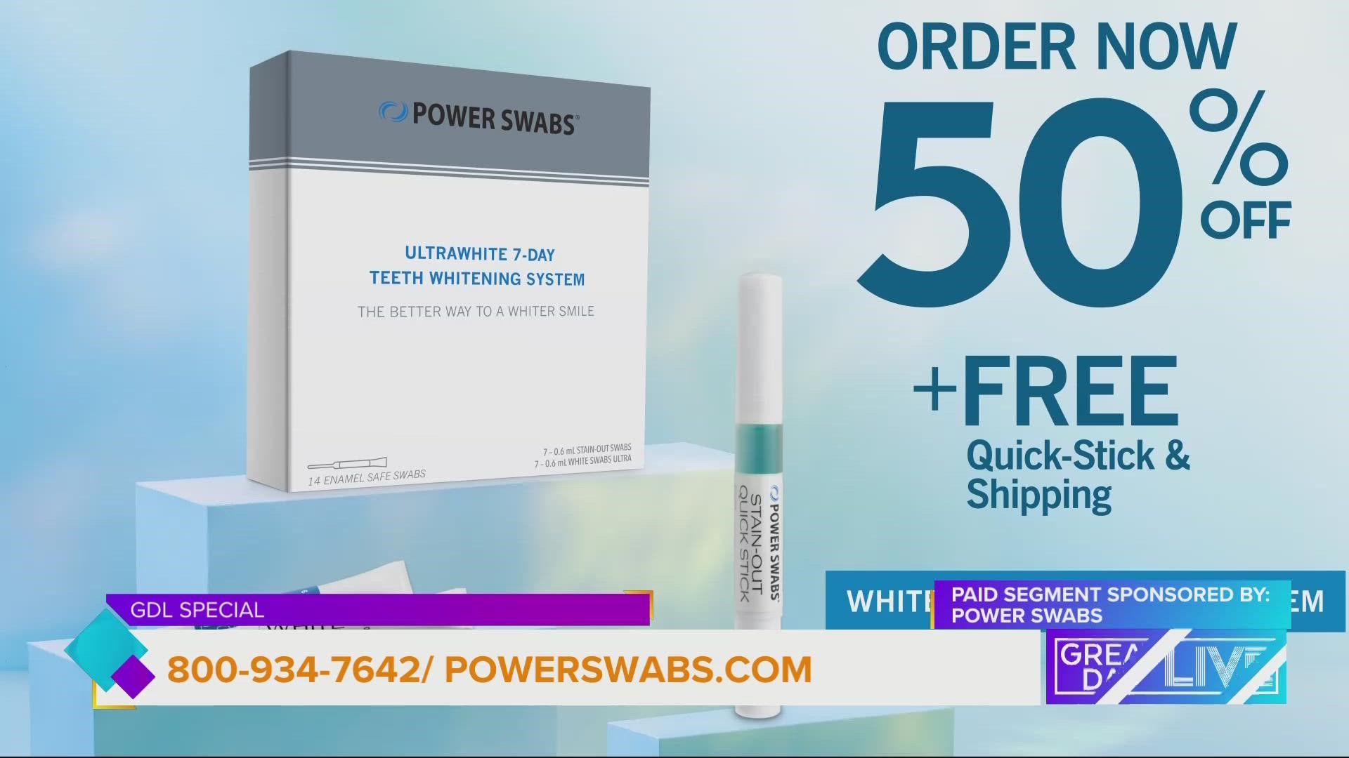 Power Swabs can whiten your teeth without painful sensitivity and right from your home.
GDL viewers you can  now get 50% off if you call 800-934-7642.