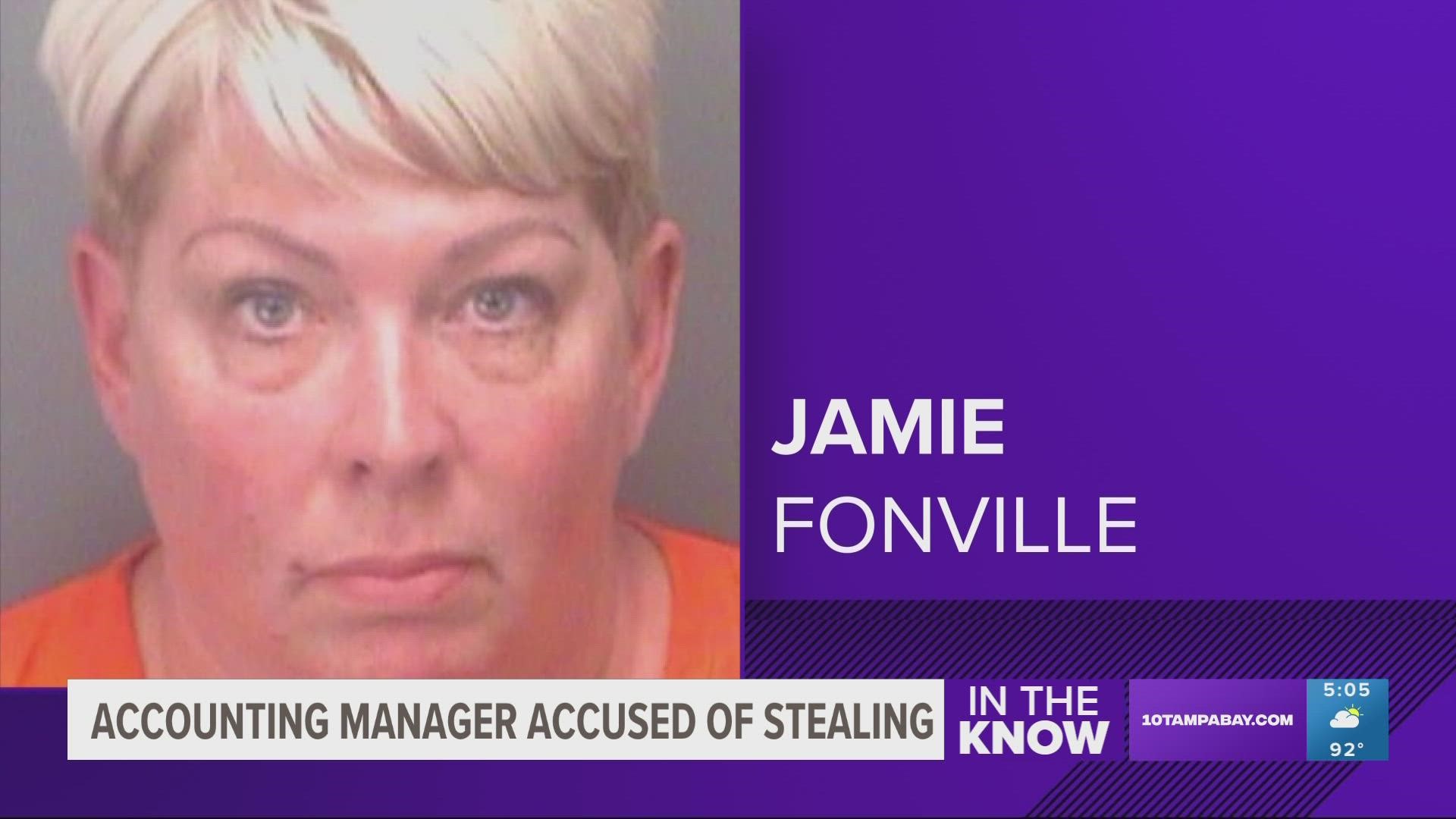 Jamie Fonville also used the money she stole to cover personal credit cards, according to the Pinellas County Sheriff's Office.