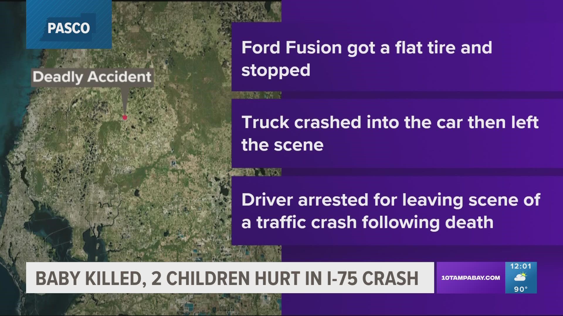 A baby girl was killed and two other children were injured in an overnight crash along Interstate 75 in Pasco County, Florida Highway Patrol said.