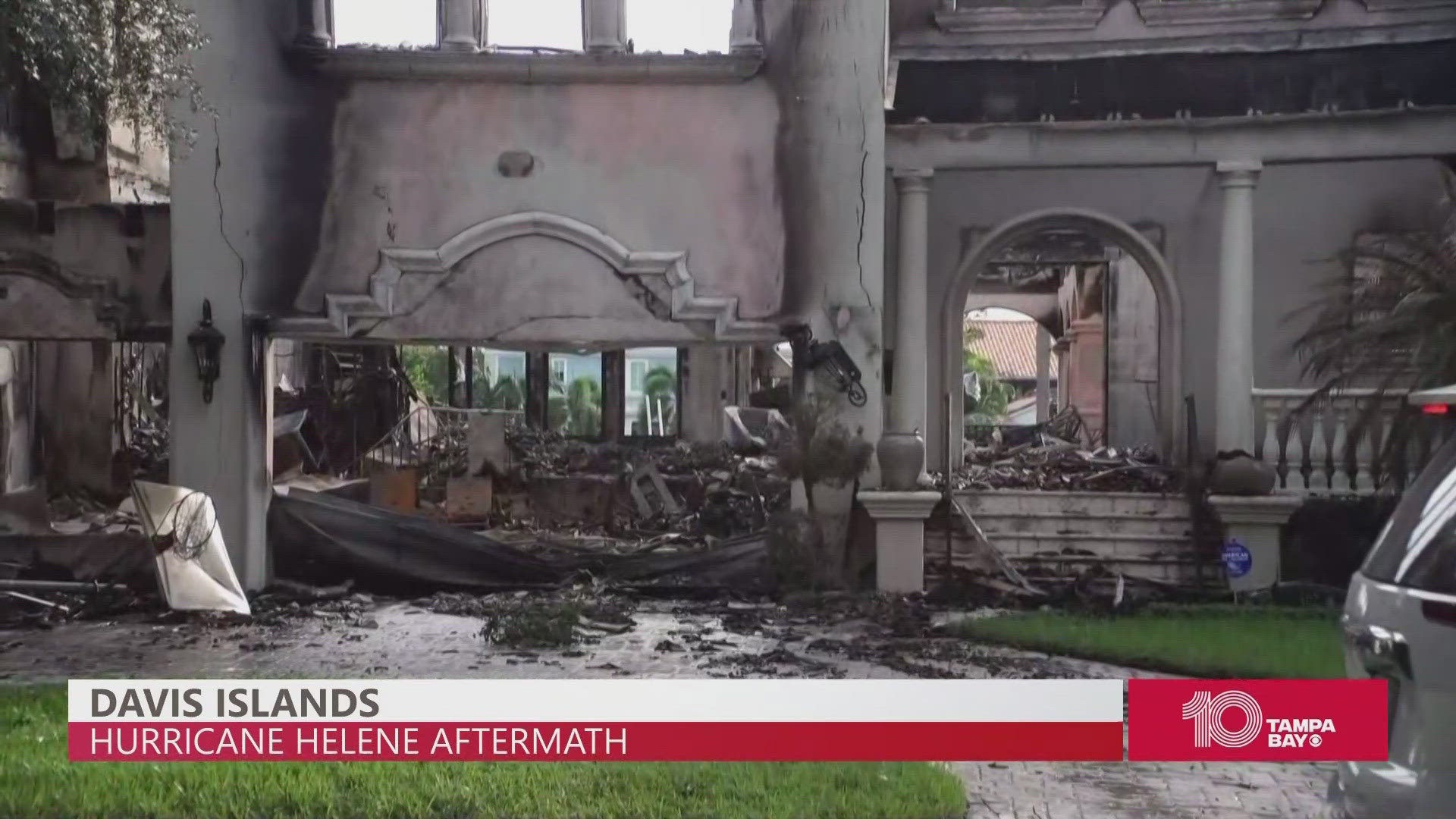 A Davis Islands house caught on fire as storm surge inundated the area during Hurricane Helene.