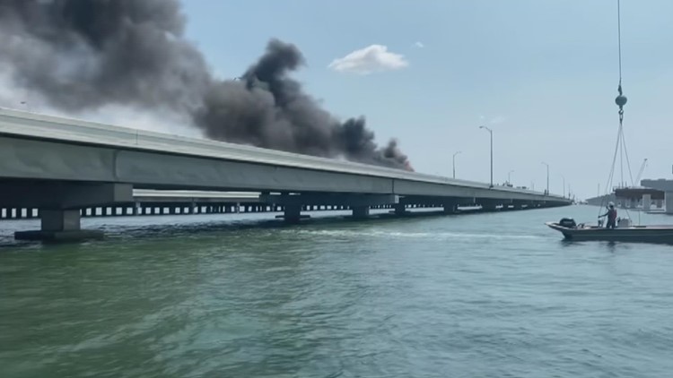Howard Frankland Bridge car fire seen from Old Tampa Bay
