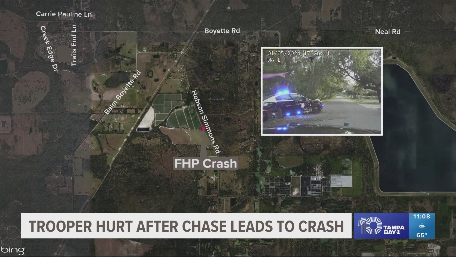 A Florida Highway Patrol trooper was briefly hospitalized after he lost control of his patrol car and crashed into a ditch while chasing after a driver.