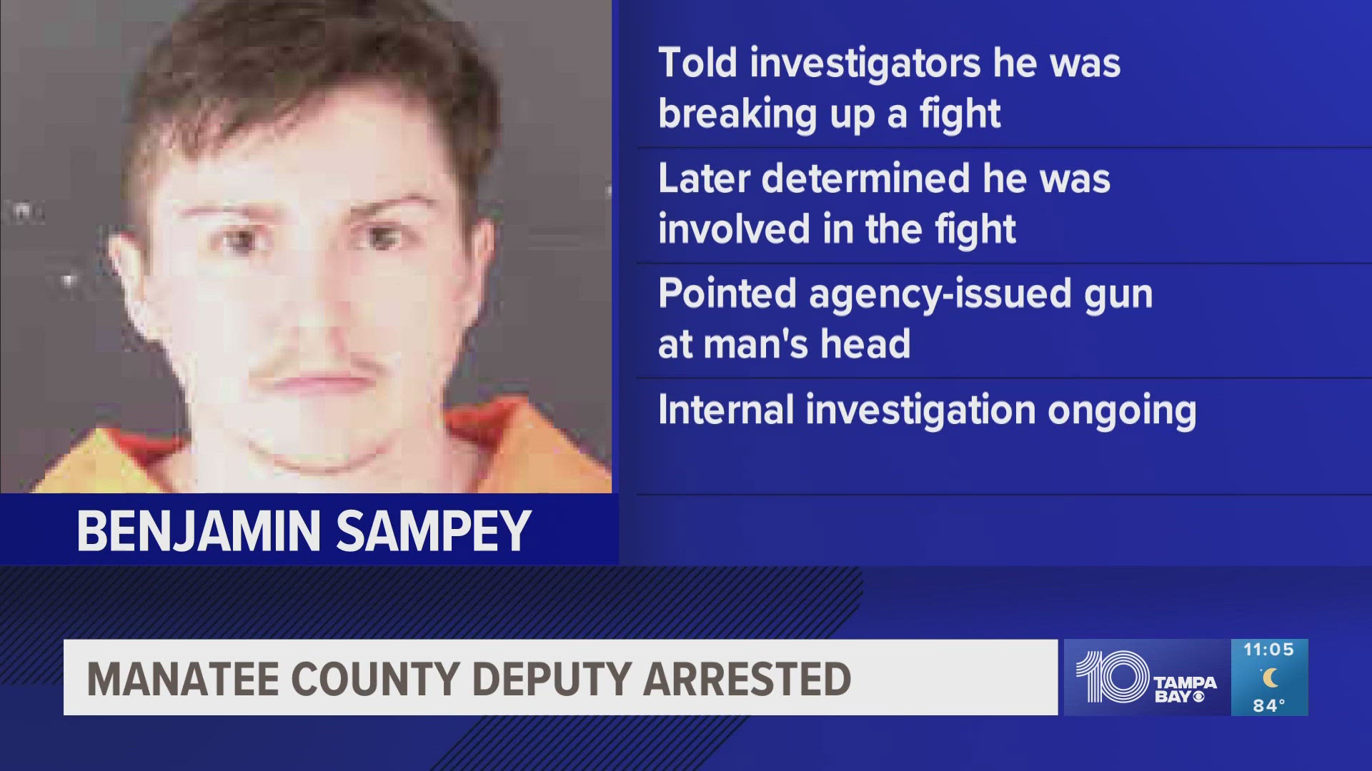 Officials say Benjamin Sampey told deputies he tried to break up a fight with an agency-issued handgun.