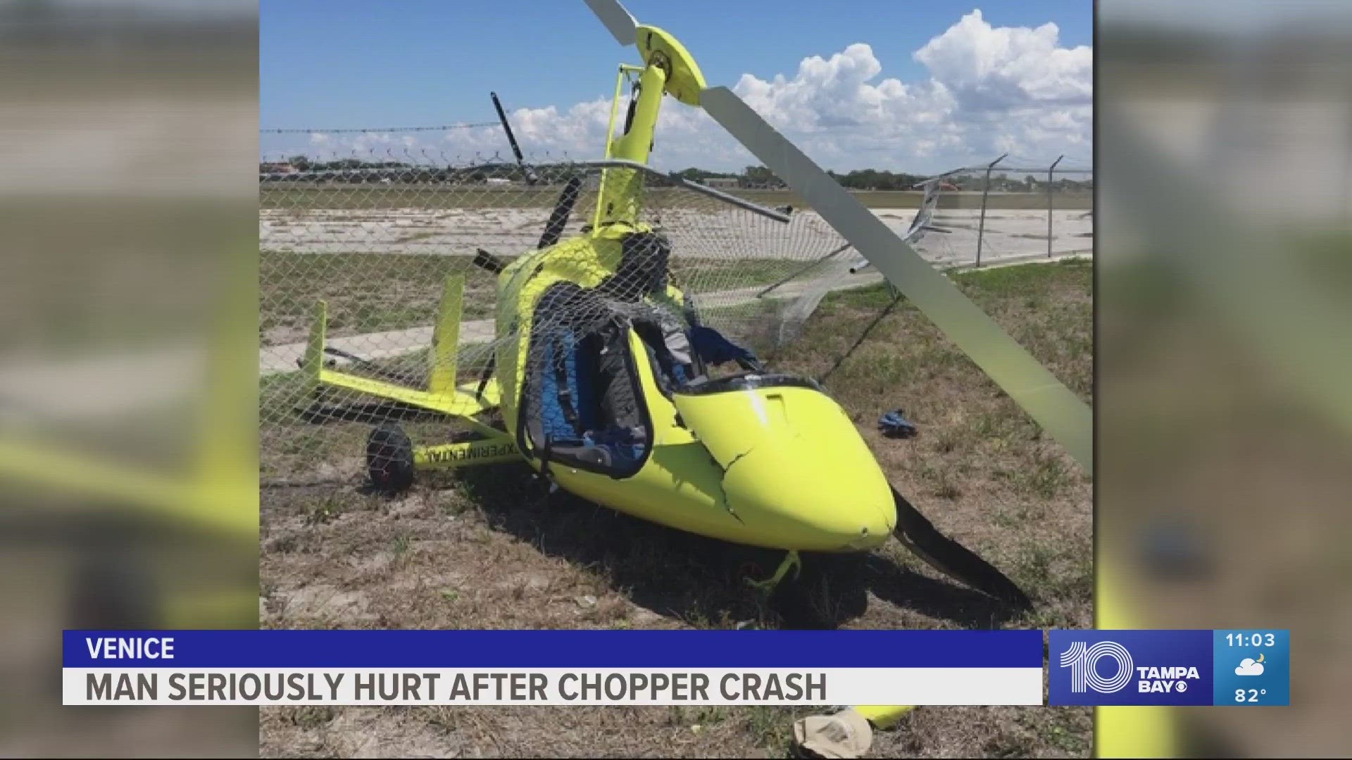 Officials say a call came in around 11:30 a.m. about a small helicopter that crashed into a fence between Venice Municipal Airport and the Festival Grounds.