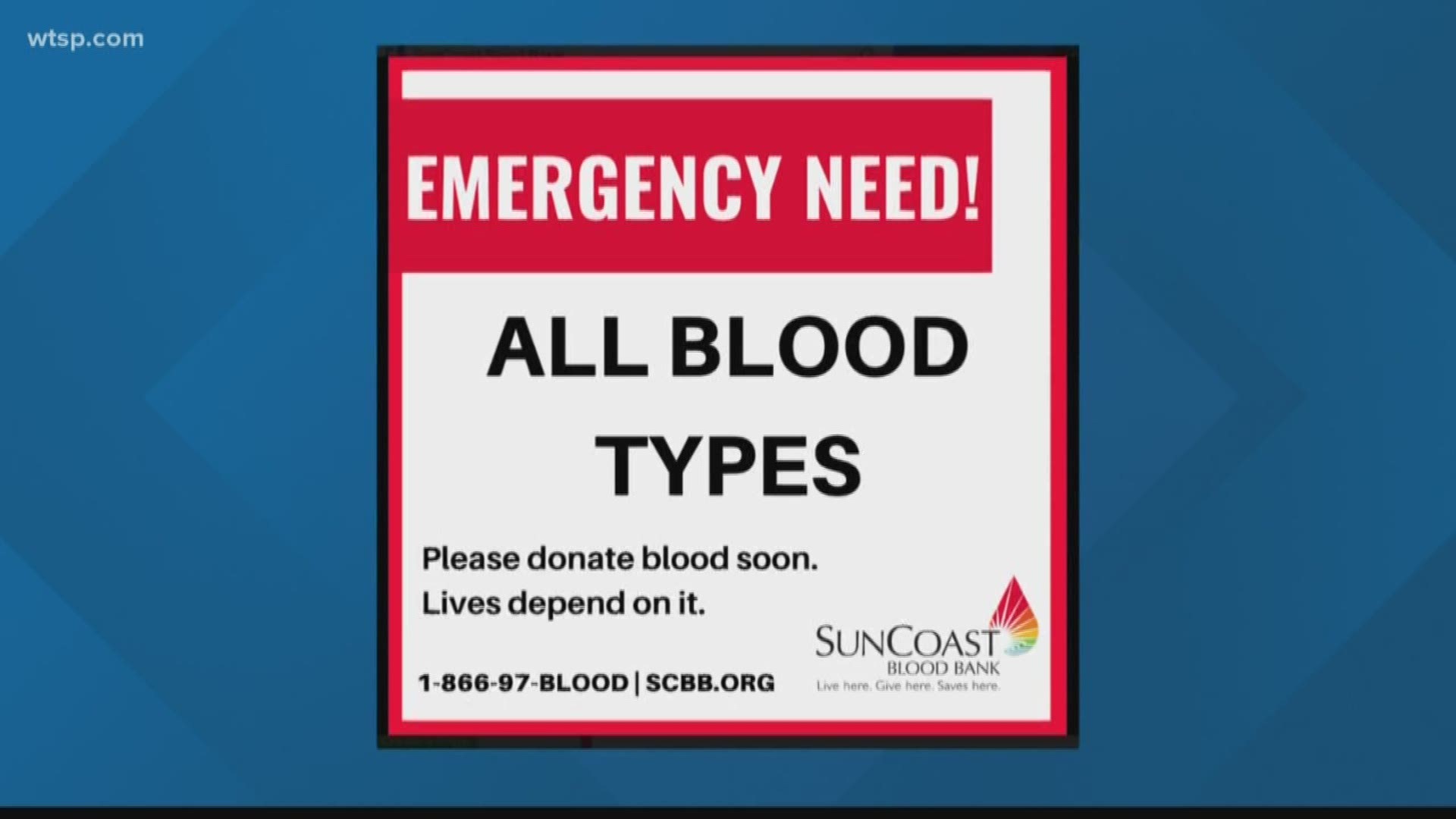 SunCoast Blood Bank says it has reached "extremely low and worrisome levels" of blood inventories.