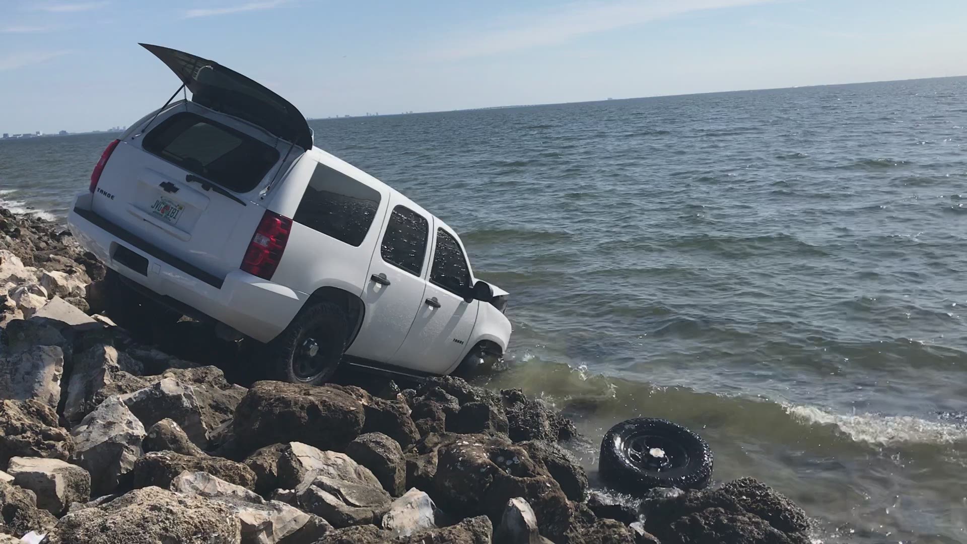 A driver lost control on the Courtney Campbell Causeway, and the SUV ended up on the rocks.