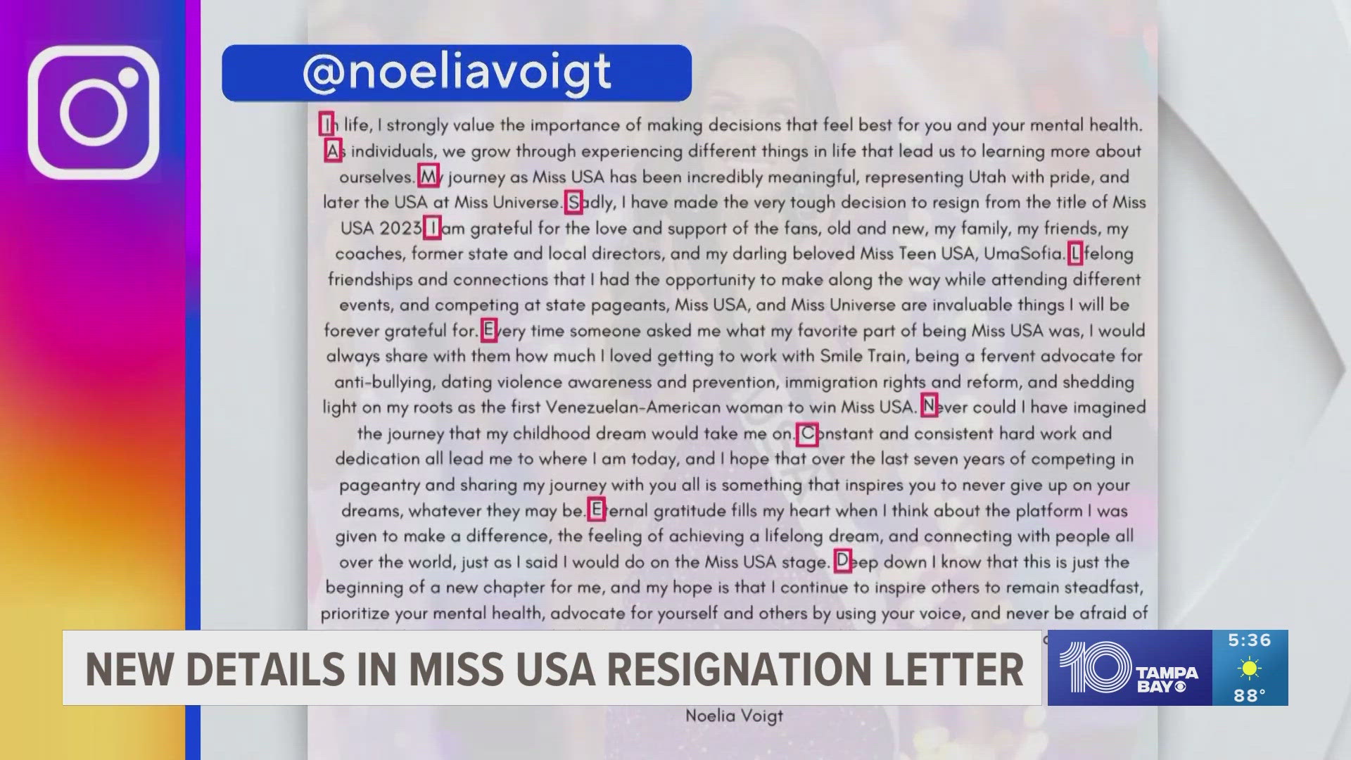 The news comes after Sarasota native and 2023 Miss USA winner Noelia Voigt gave up her crown Monday.