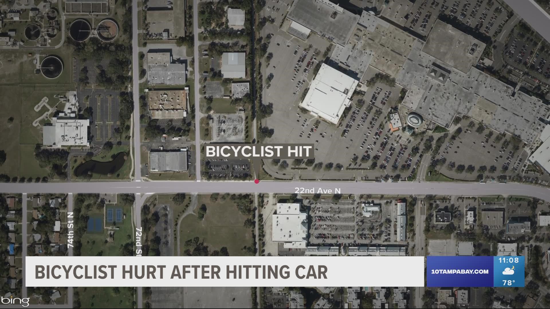 St. Pete Police say the 56-year-old bicyclist entered the roadway and crashed into the front passenger side fender of the car.