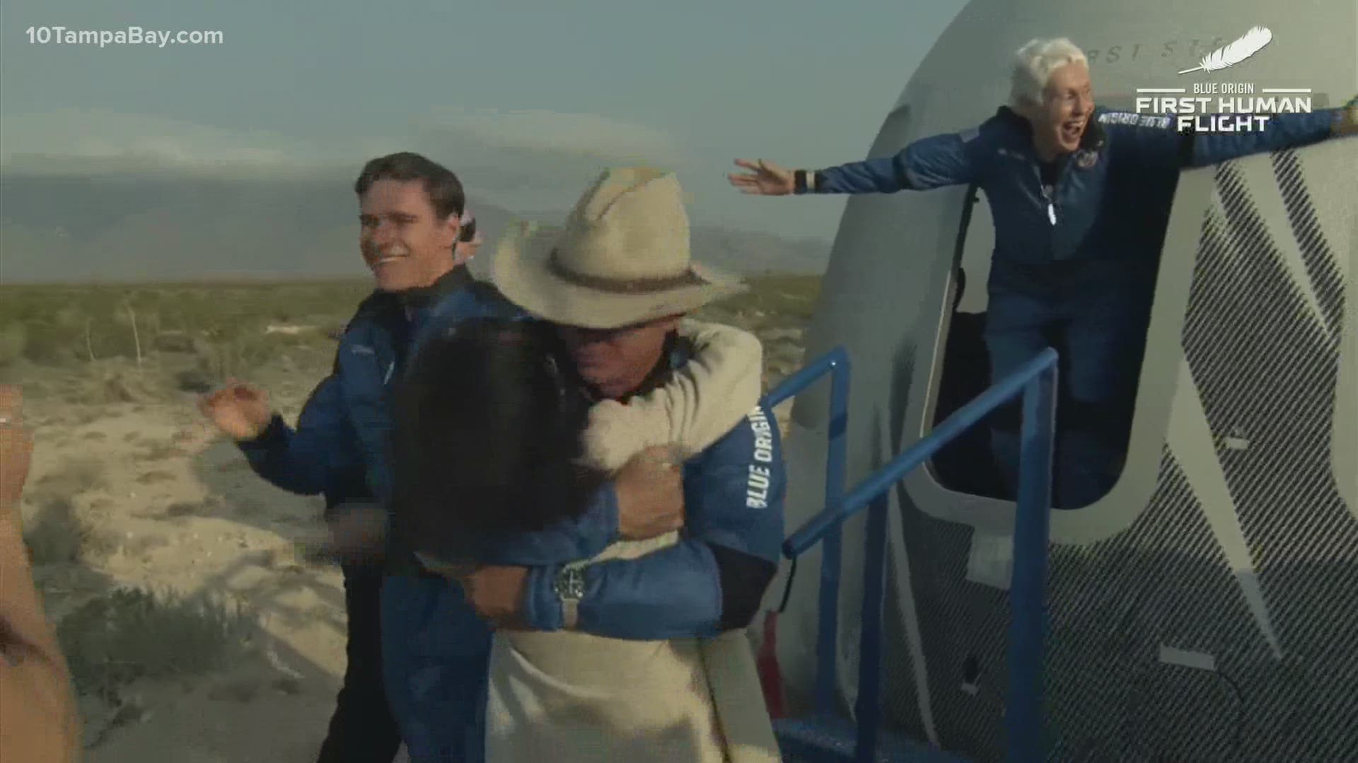 Billionaire Jeff Bezos, his brother Mark Bezos, Wally Funk, and Oliver Daemen step back onto Earth after Blue Origin's first successful human flight.