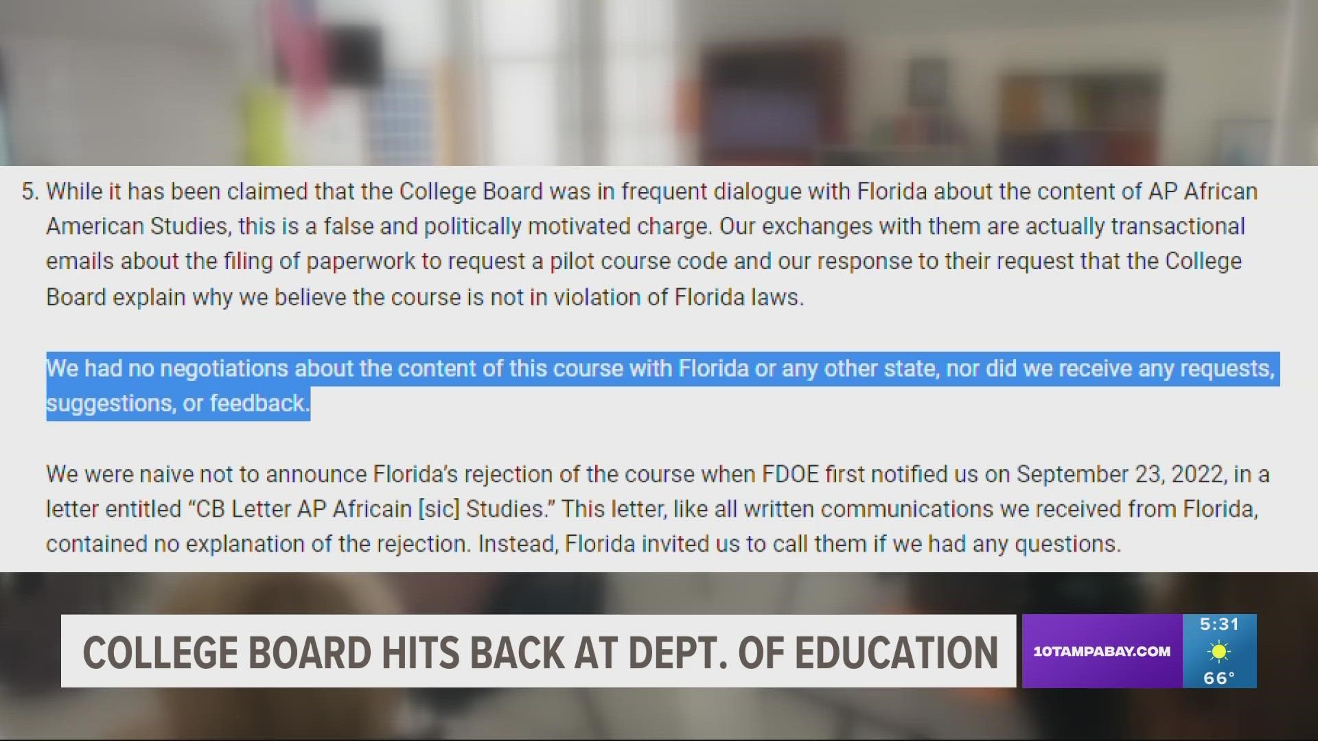 Gov. DeSantis says they may re-evaluate the state's relationship with the College Board in the wake of the controversy.