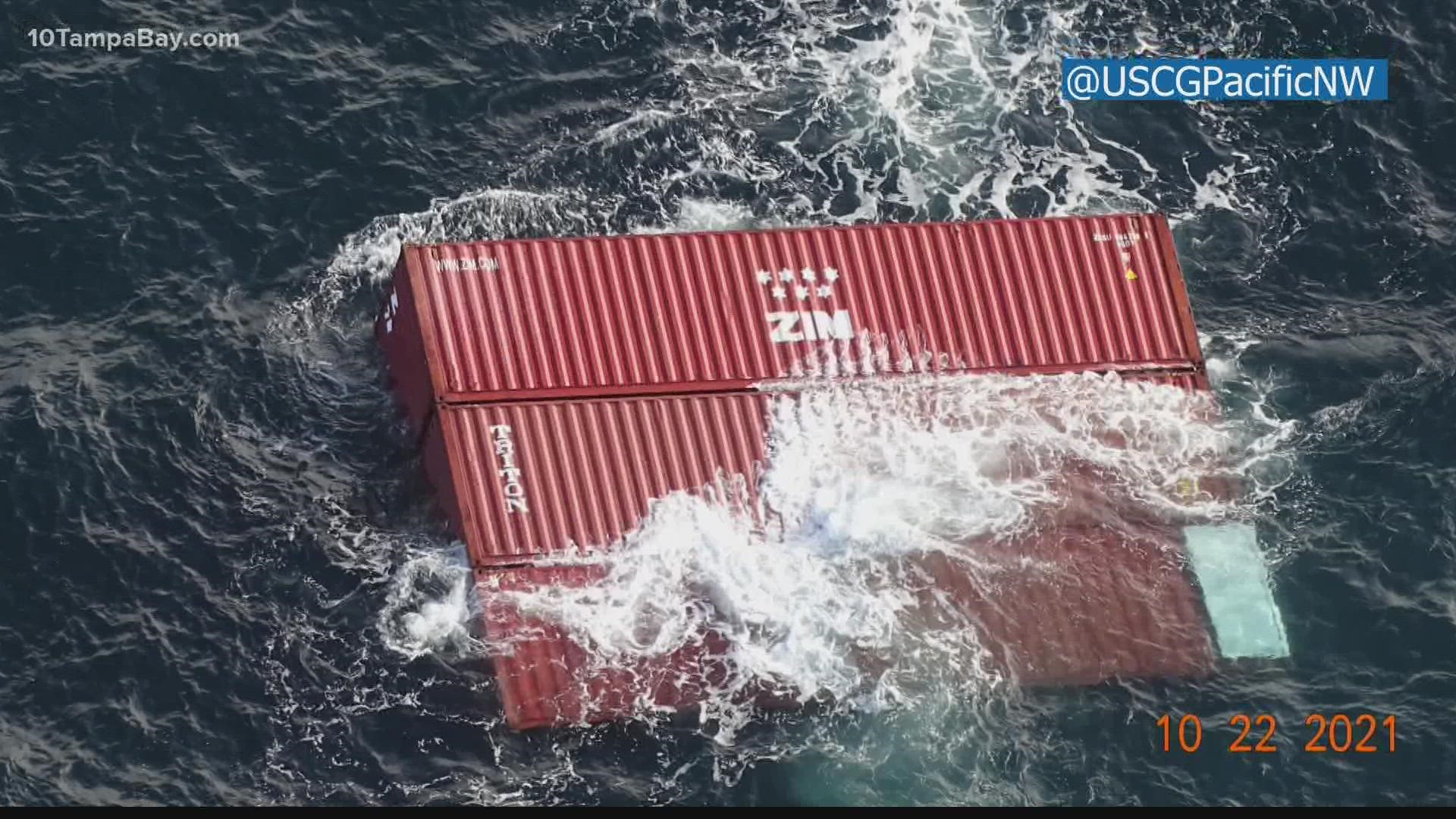 Forty containers were lost off a vessel when it listed in rough waters, according to the Coast Guard. Eight of the containers have been found floating.