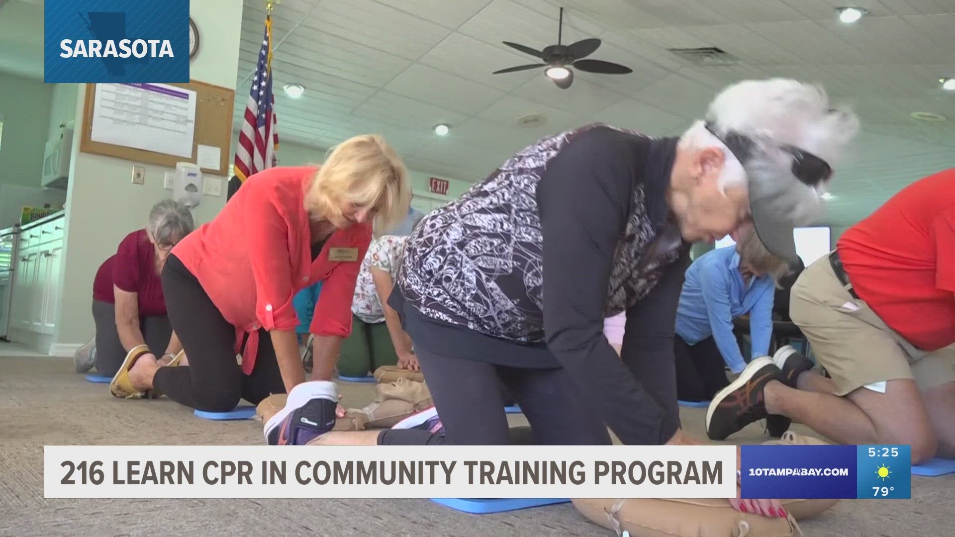 A group of Lakeshore Village neighbors participate in hands-only CPR training program run by Sarasota County.