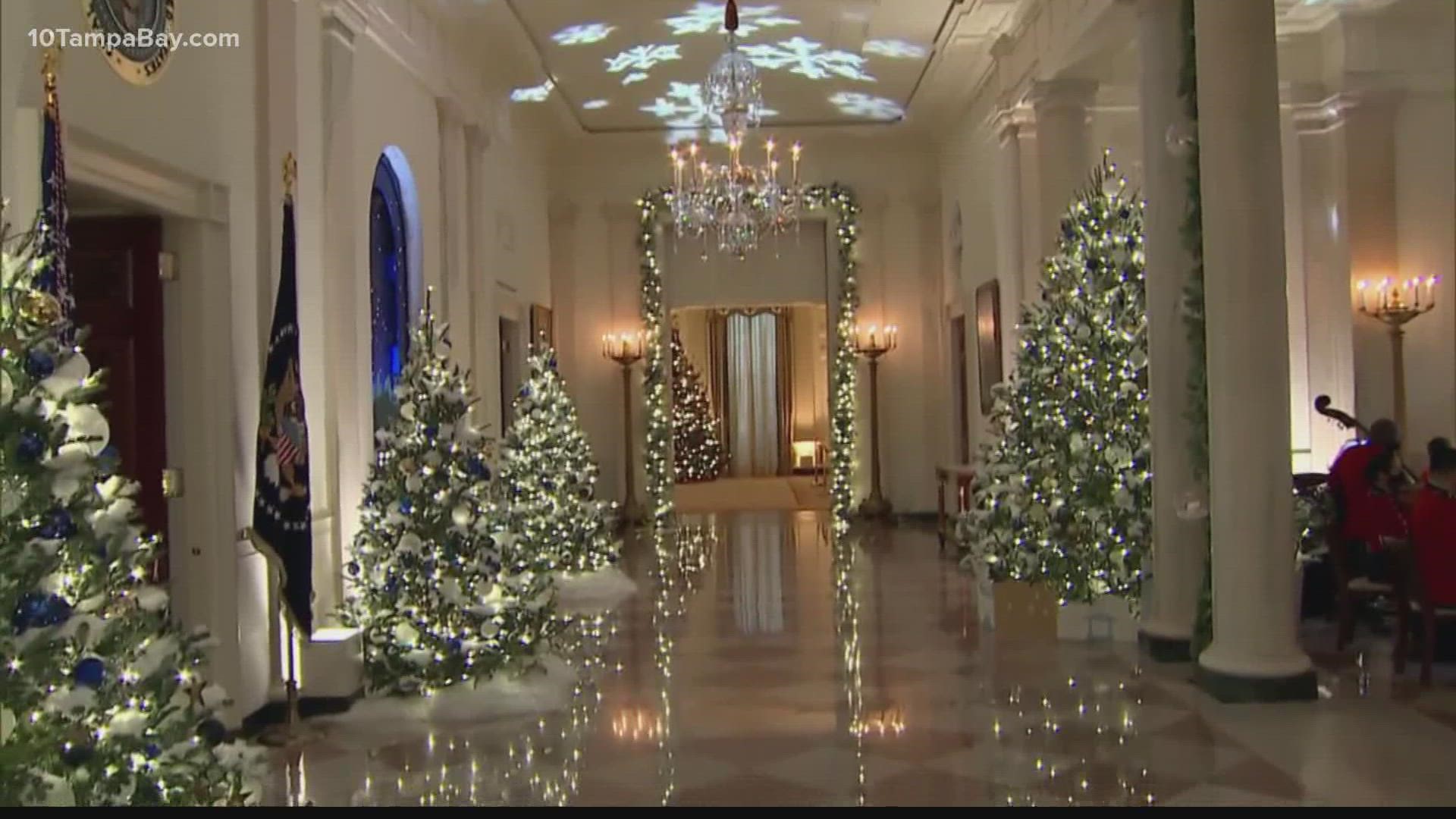 More than 100 volunteers decorated the White House with 41 Christmas trees, some 6,000 feet of ribbon and more than 10,000 ornaments.