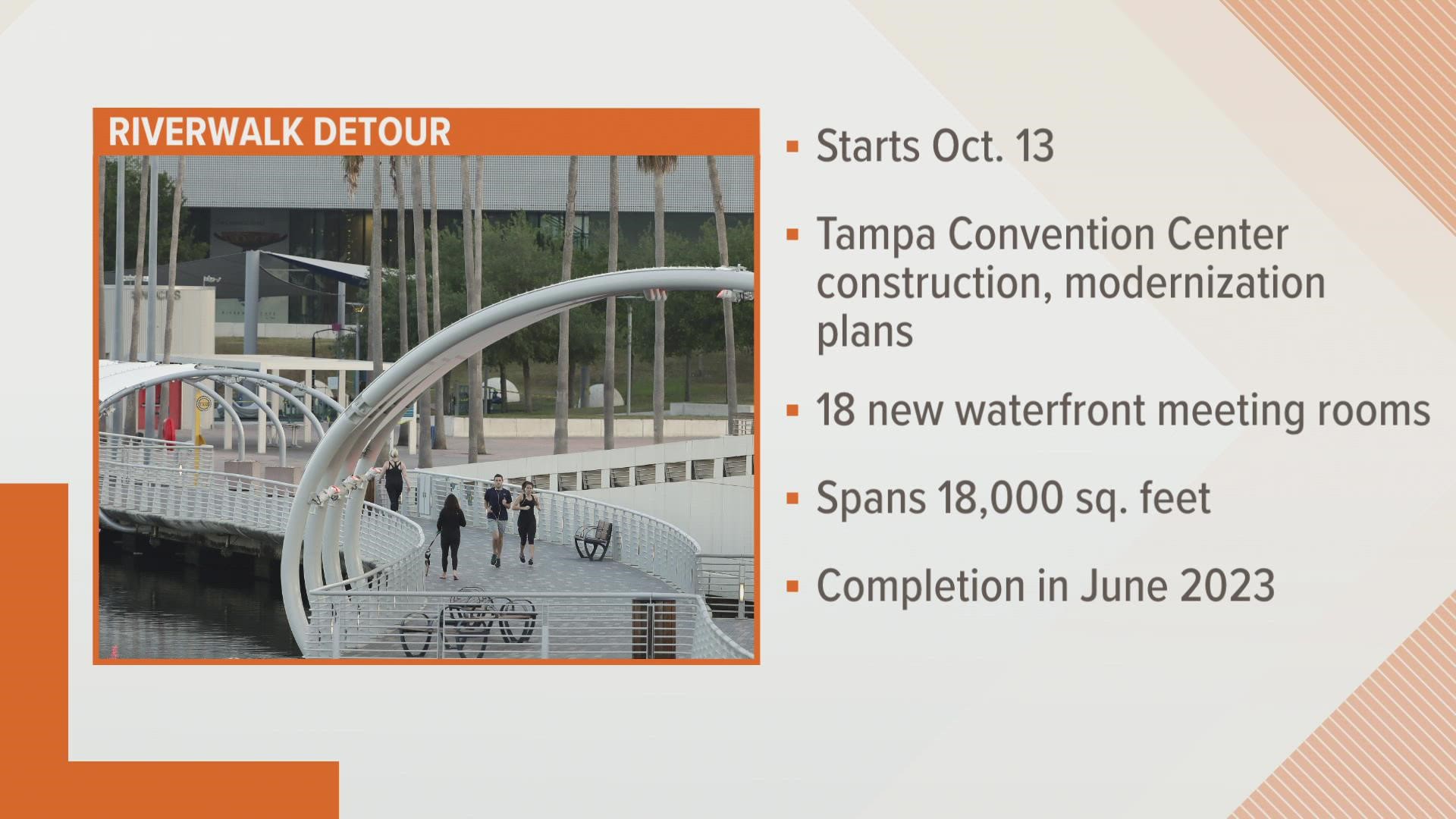 The stretch of the riverwalk behind the Tampa Convention Center will be closed off from Oct. 13 through at least November 2022.