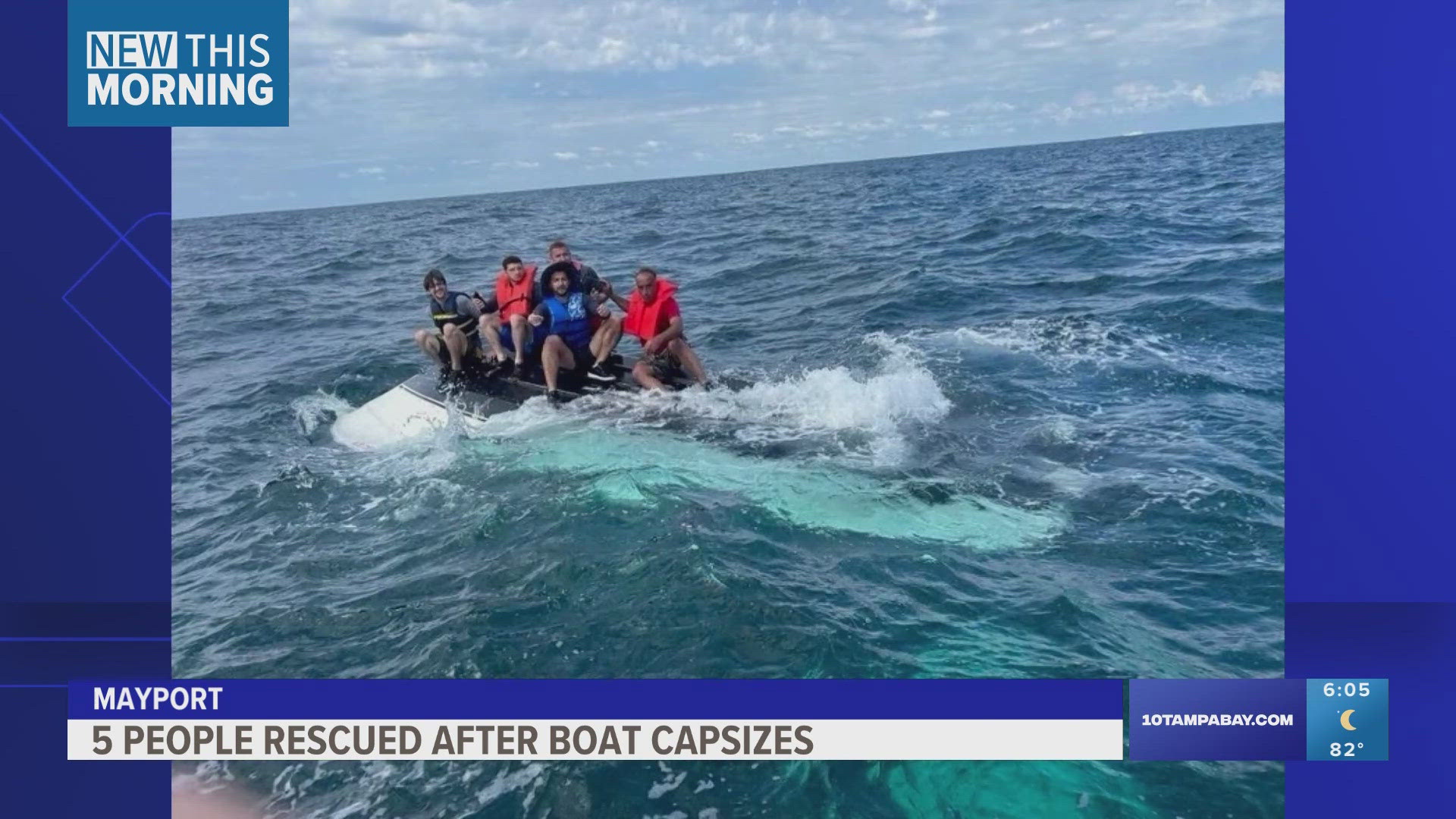 The 24-foot boat went under off the coast of Mayport on Sunday morning. All five people were wearing life jackets and sitting on top of the boat.