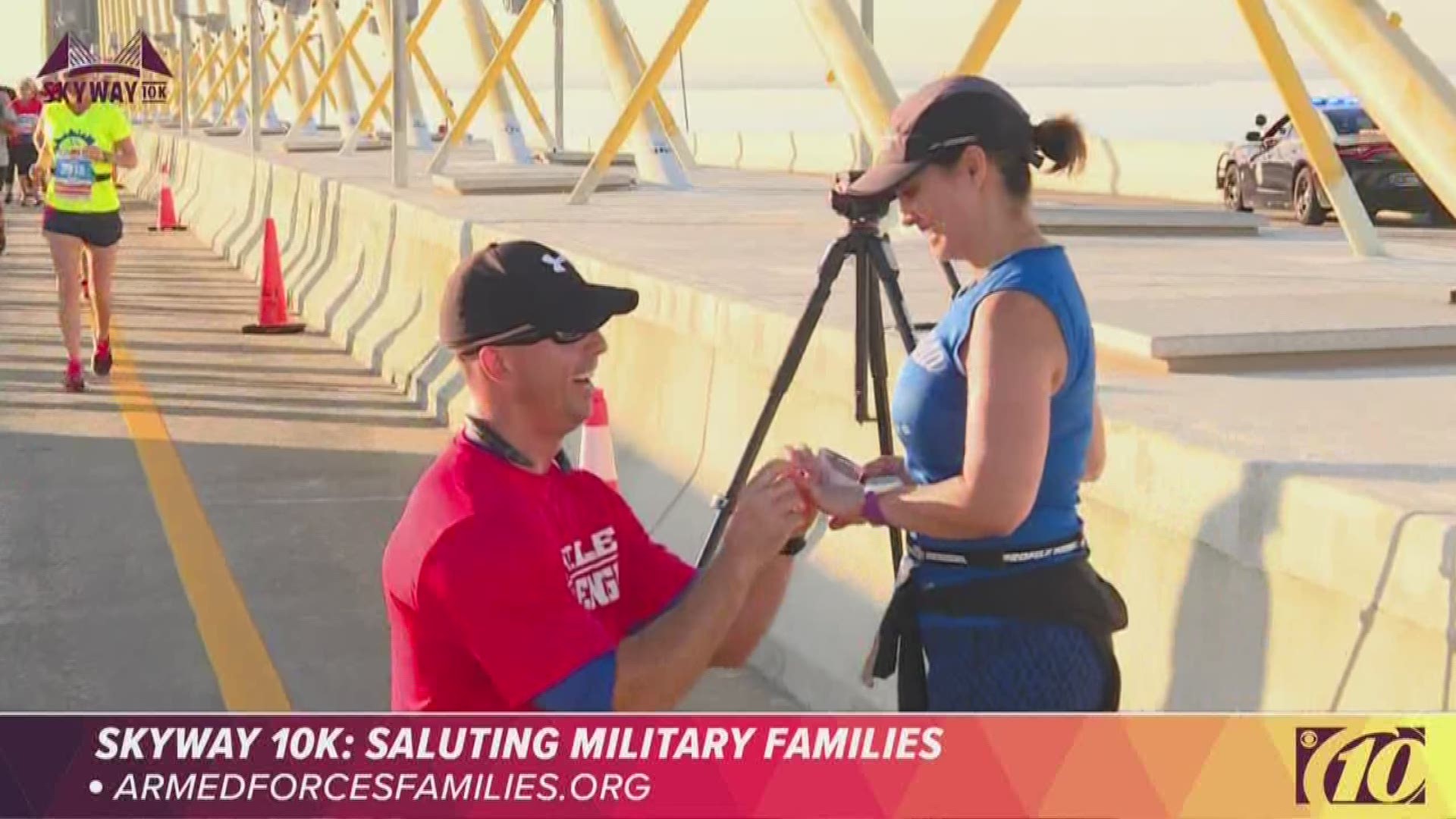 Surprise! Mark Adams proposed to his girlfriend on top of the Sunshine Skyway Bridge during the Skyway 10K.