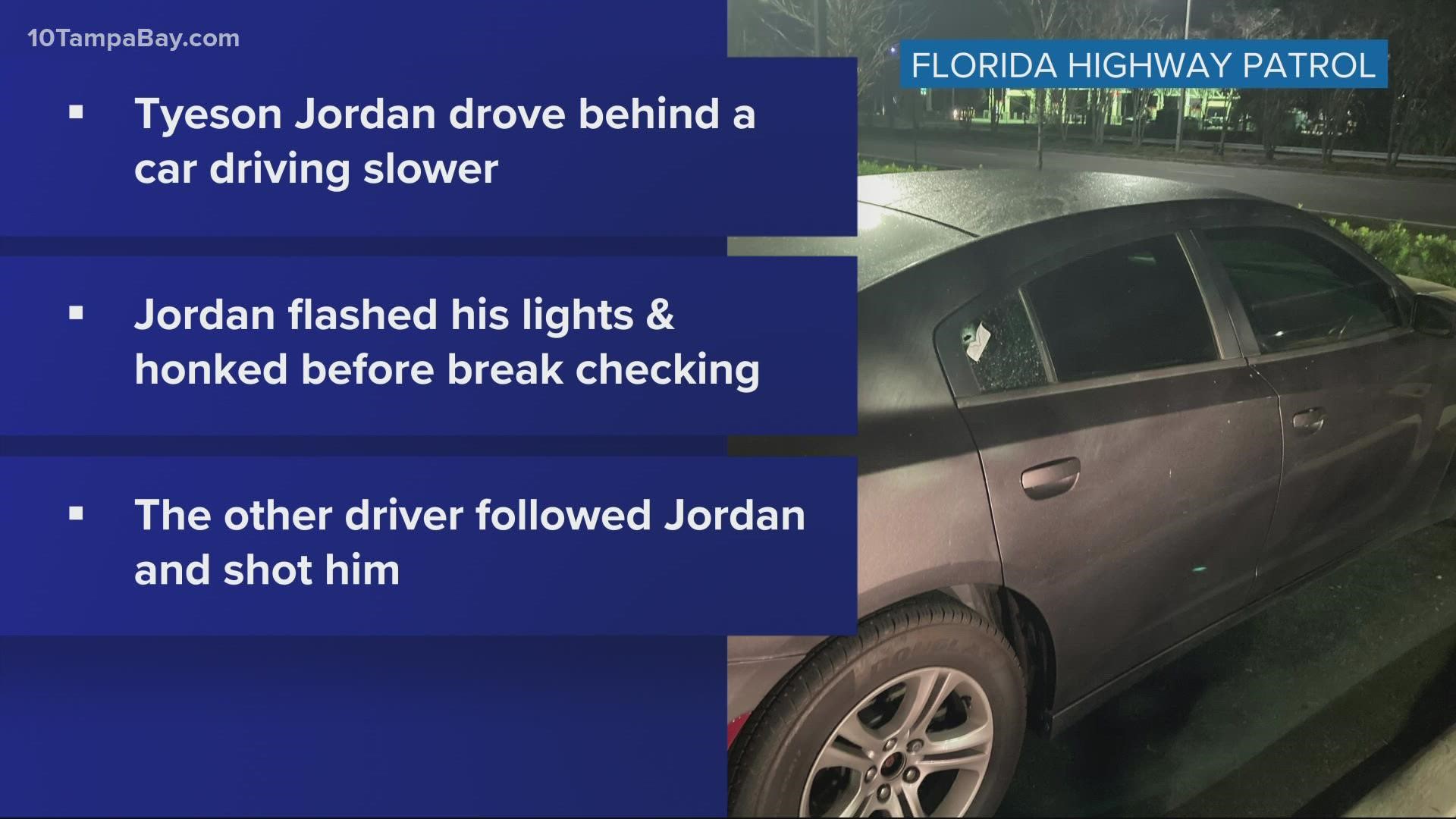 The driver "brake checked" another driver who then followed him before firing shots at his car, Florida Highway Patrol says.